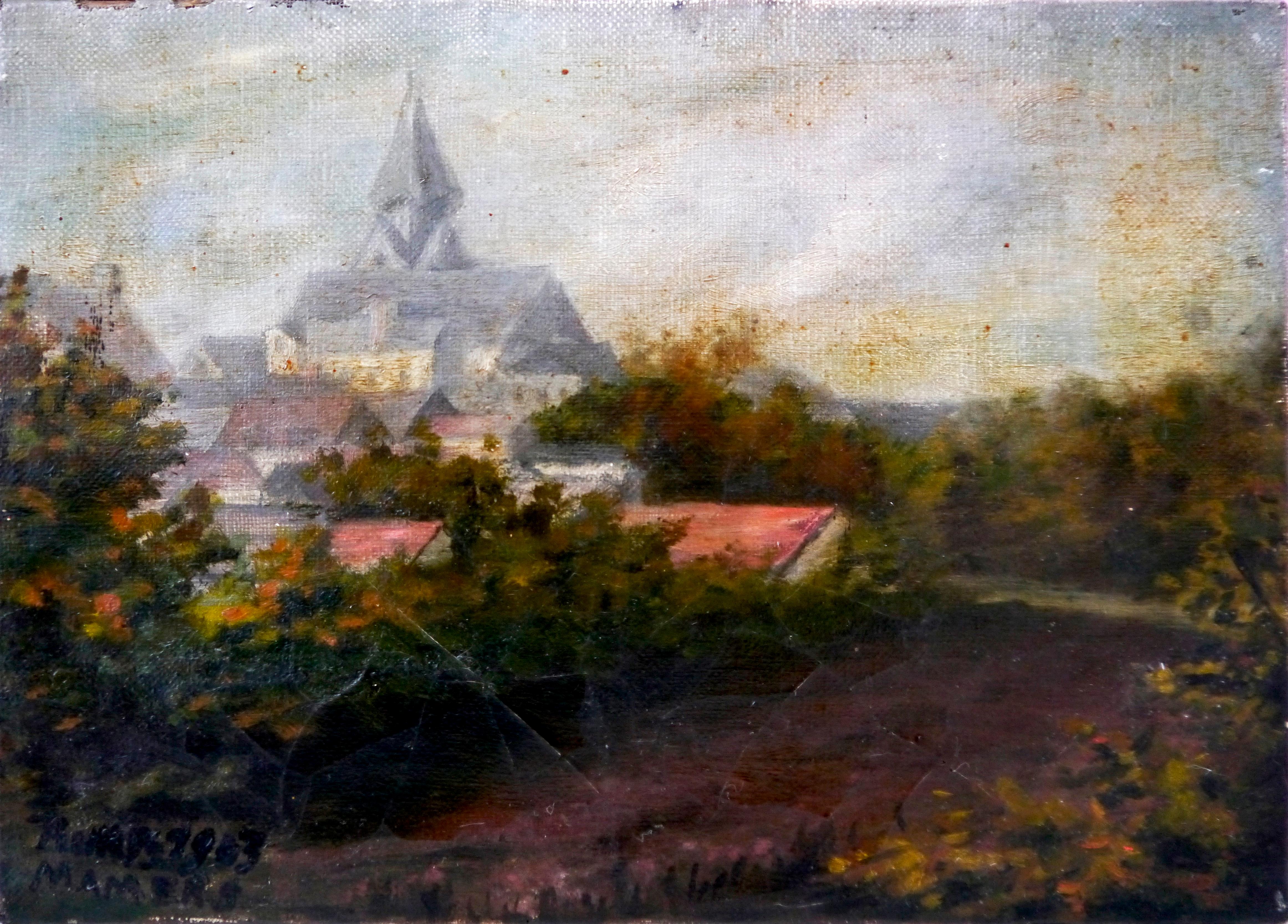 French school Landscape Church Mamers oil painting Signed 1903