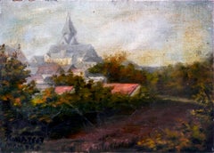 French school Landscape Church Mamers oil painting Signed 1903