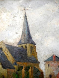 French school Landscape Church Scene Signed oil painting 1932