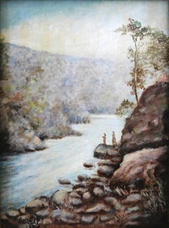 École française. Paysage : gorge et rivière avec personnages. Peinture à l'huile. Signée 1936