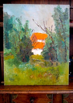 French school Landscape House with Orange Roof signed