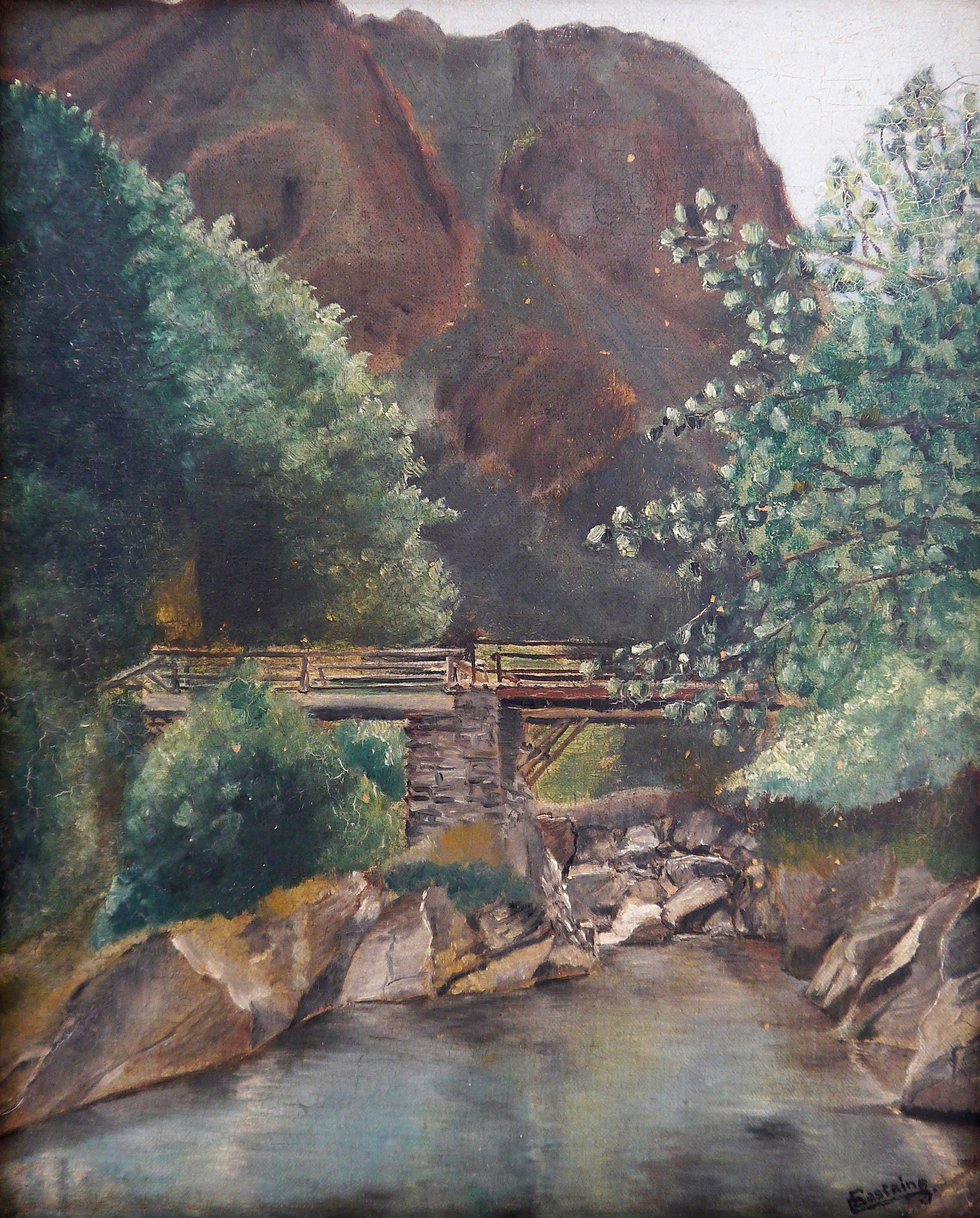 French school Landscape le pont scene Oil painting Signed - Painting by French School Masters