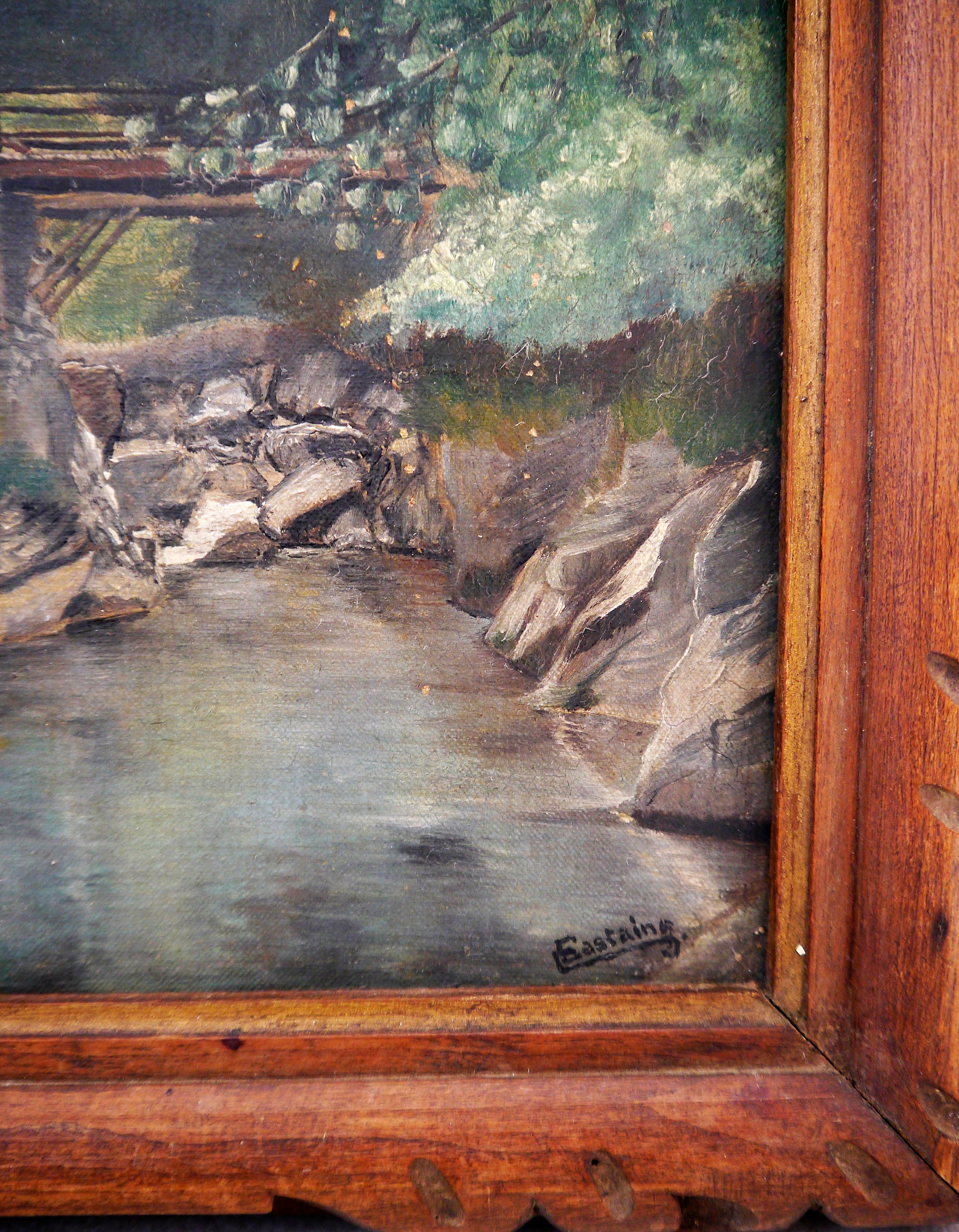French school Landscape le pont scene Oil painting Signed - Impressionist Painting by French School Masters