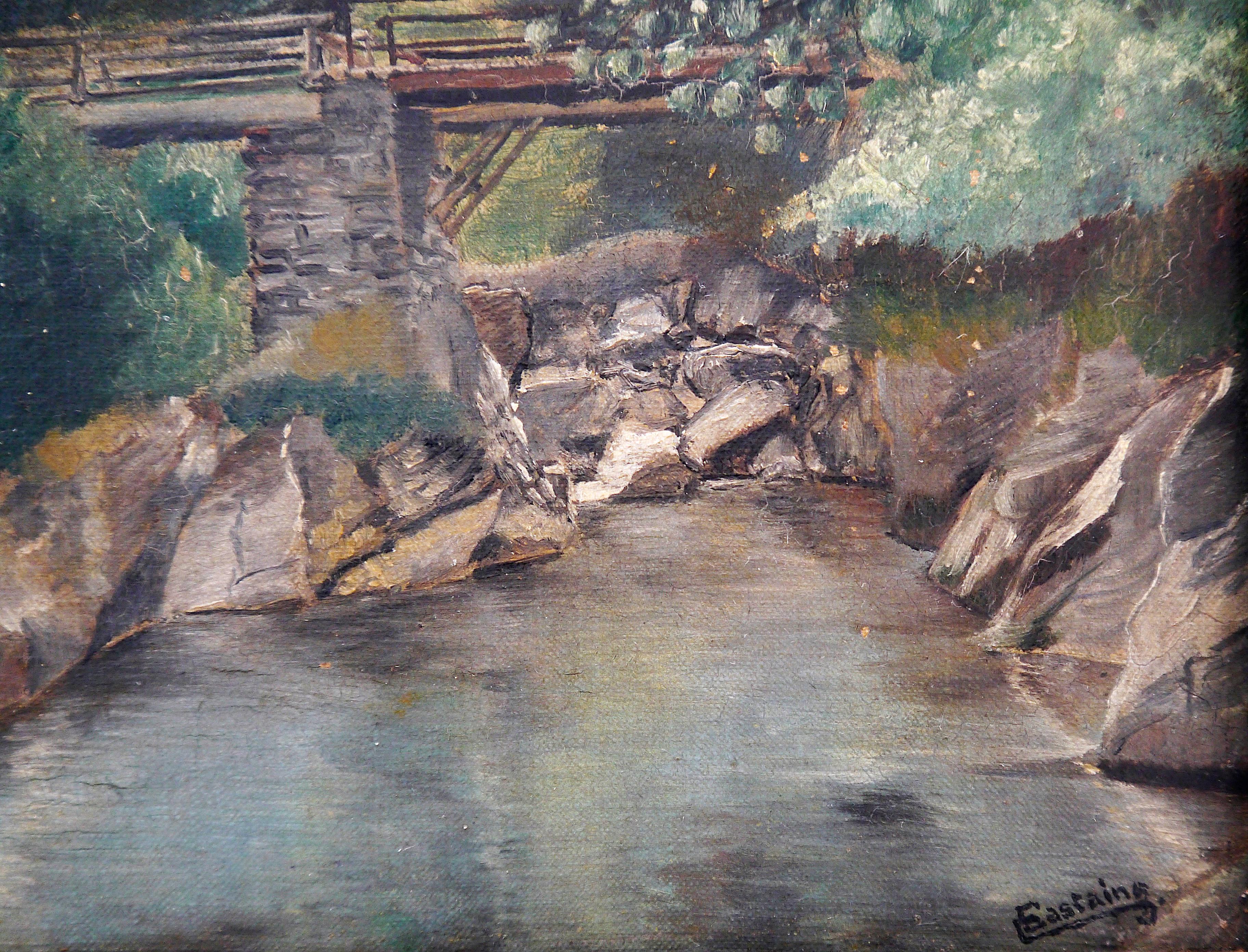 École française Paysage le pont scène peinture à l'huile signée - Marron Figurative Painting par French School Masters