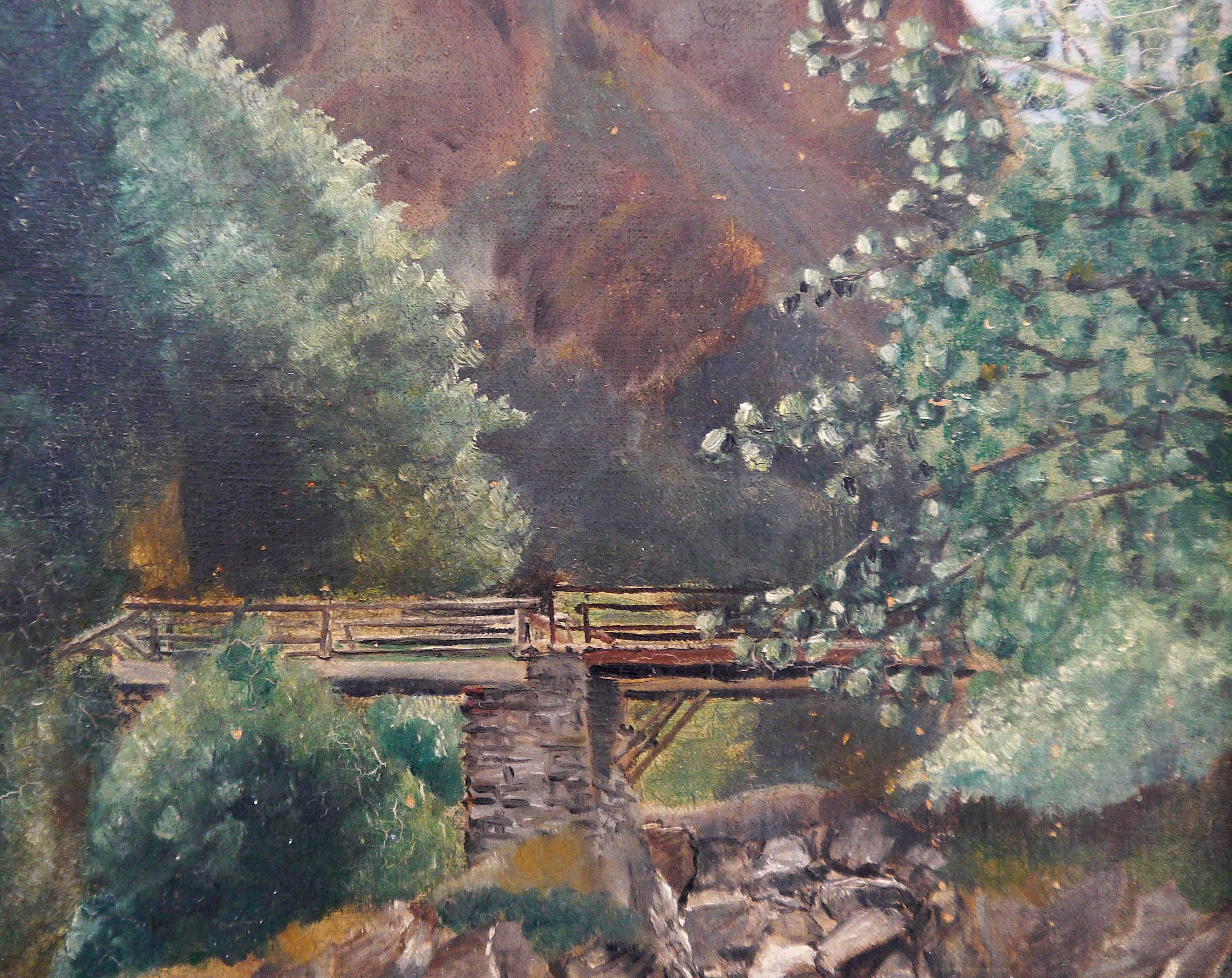 French school Landscape le pont scene Oil painting Signed 1