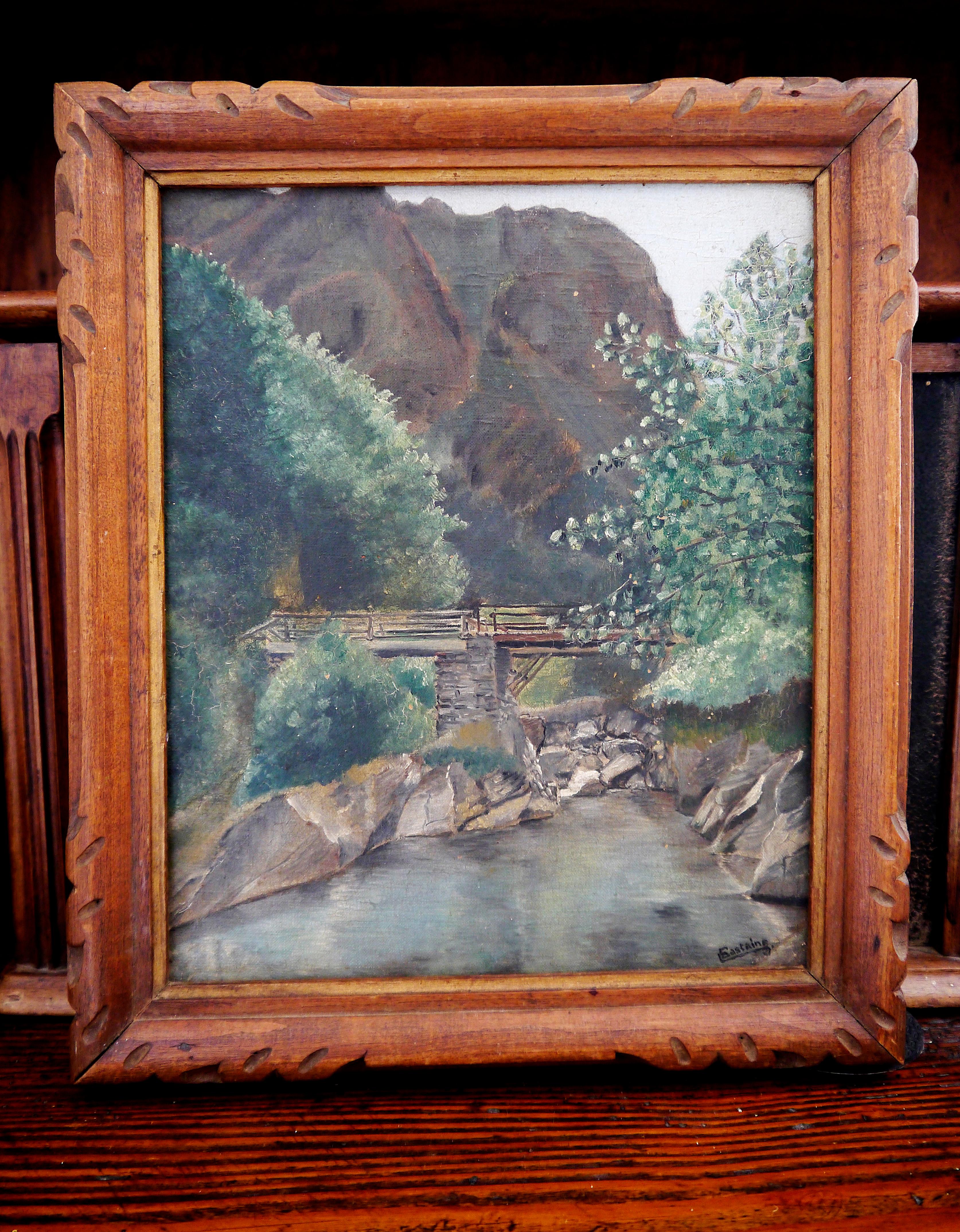French school Landscape le pont scene Oil painting Signed 2