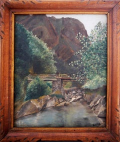 French school Landscape le pont scene Oil painting Signed
