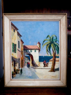Scuola francese Paesaggio villaggio costiero mediterraneo Pittura ad olio firmata