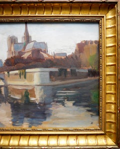 French school Landscape Notre Dame Cathedral in Paris painting Signed