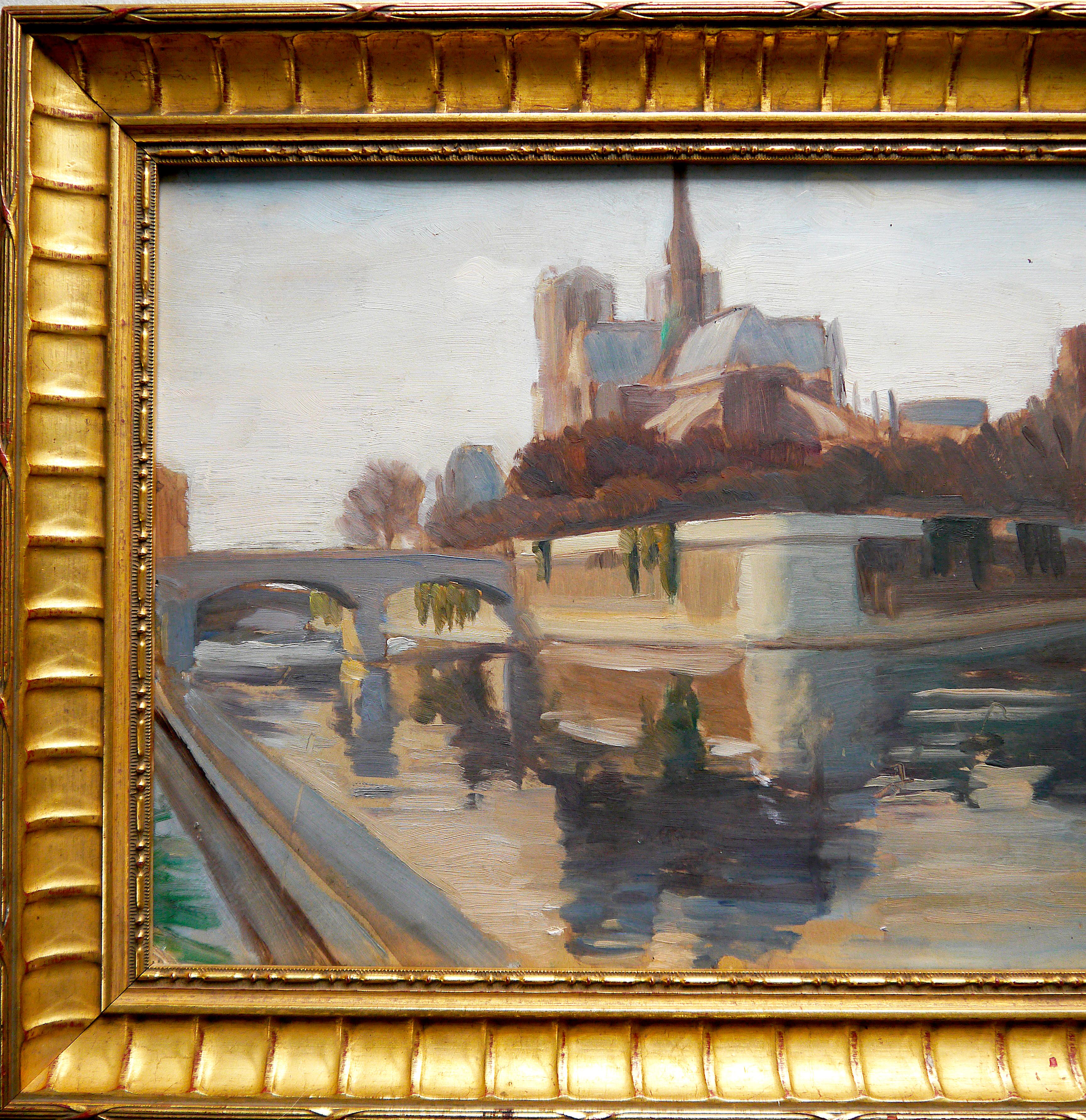French school Landscape Notre Dame Cathedral in Paris painting Signed - Brown Landscape Painting by French School Masters
