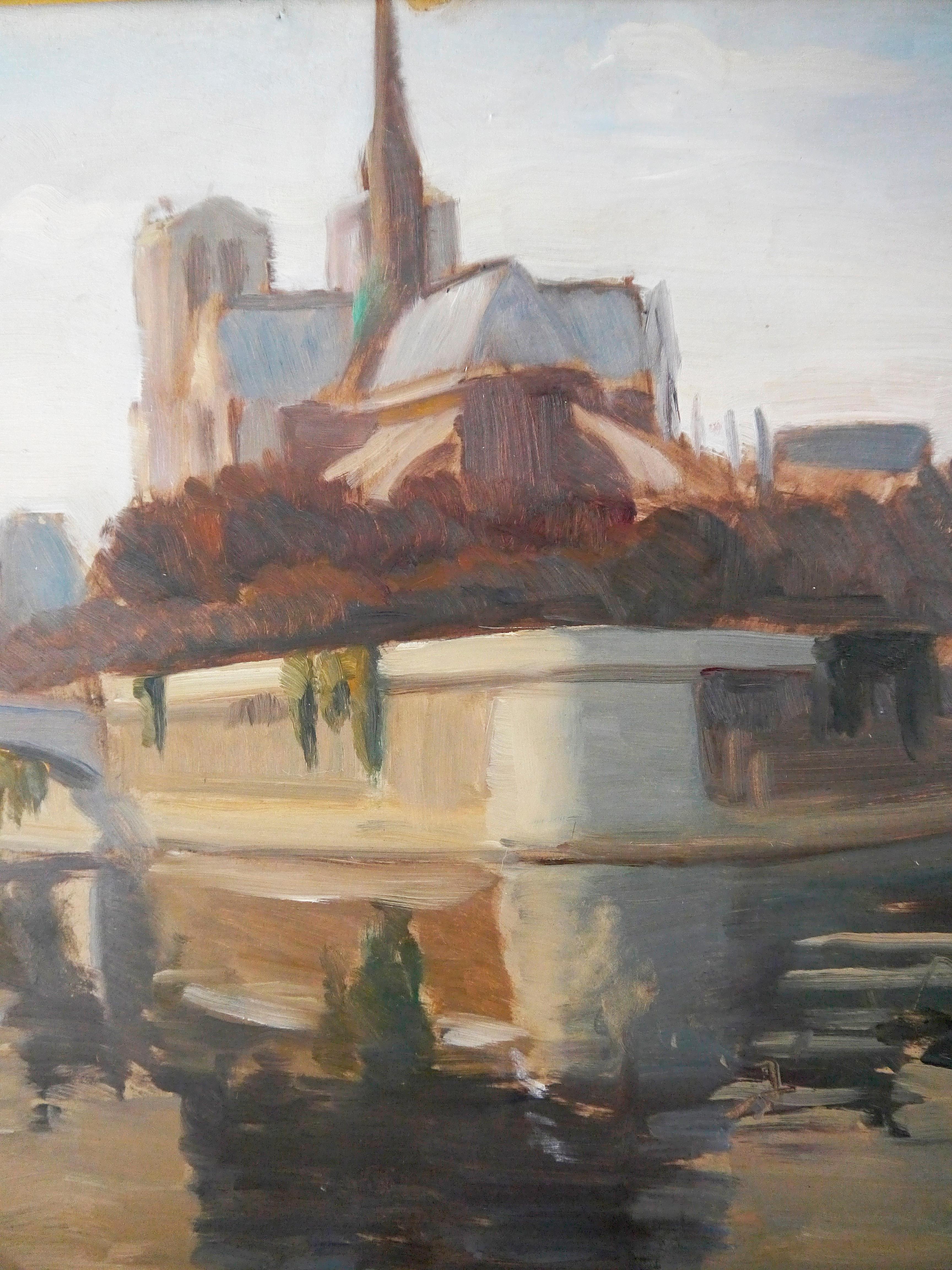 French school Landscape Notre Dame Cathedral in Paris painting Signed 1