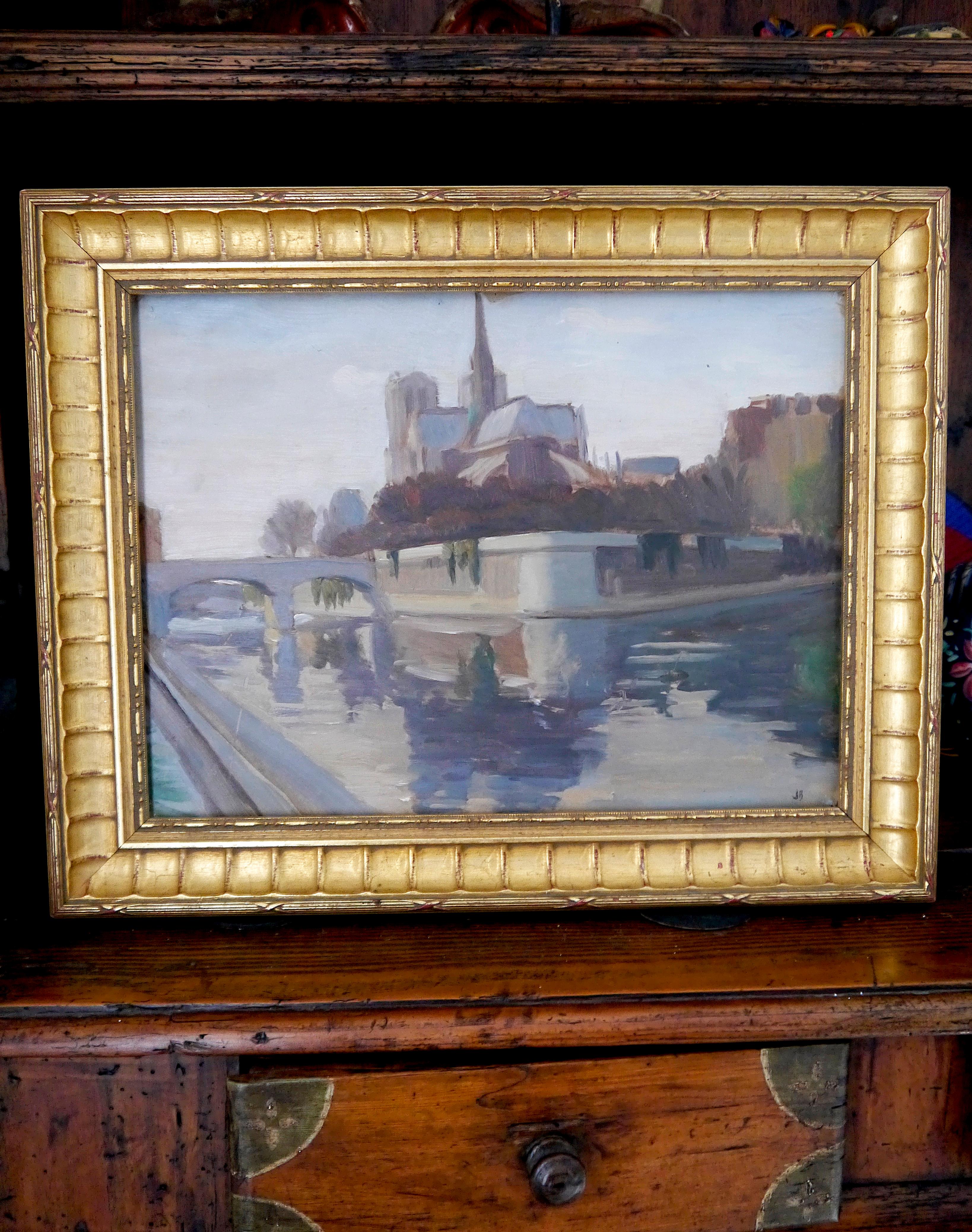 French school Landscape Notre Dame Cathedral in Paris painting Signed 2