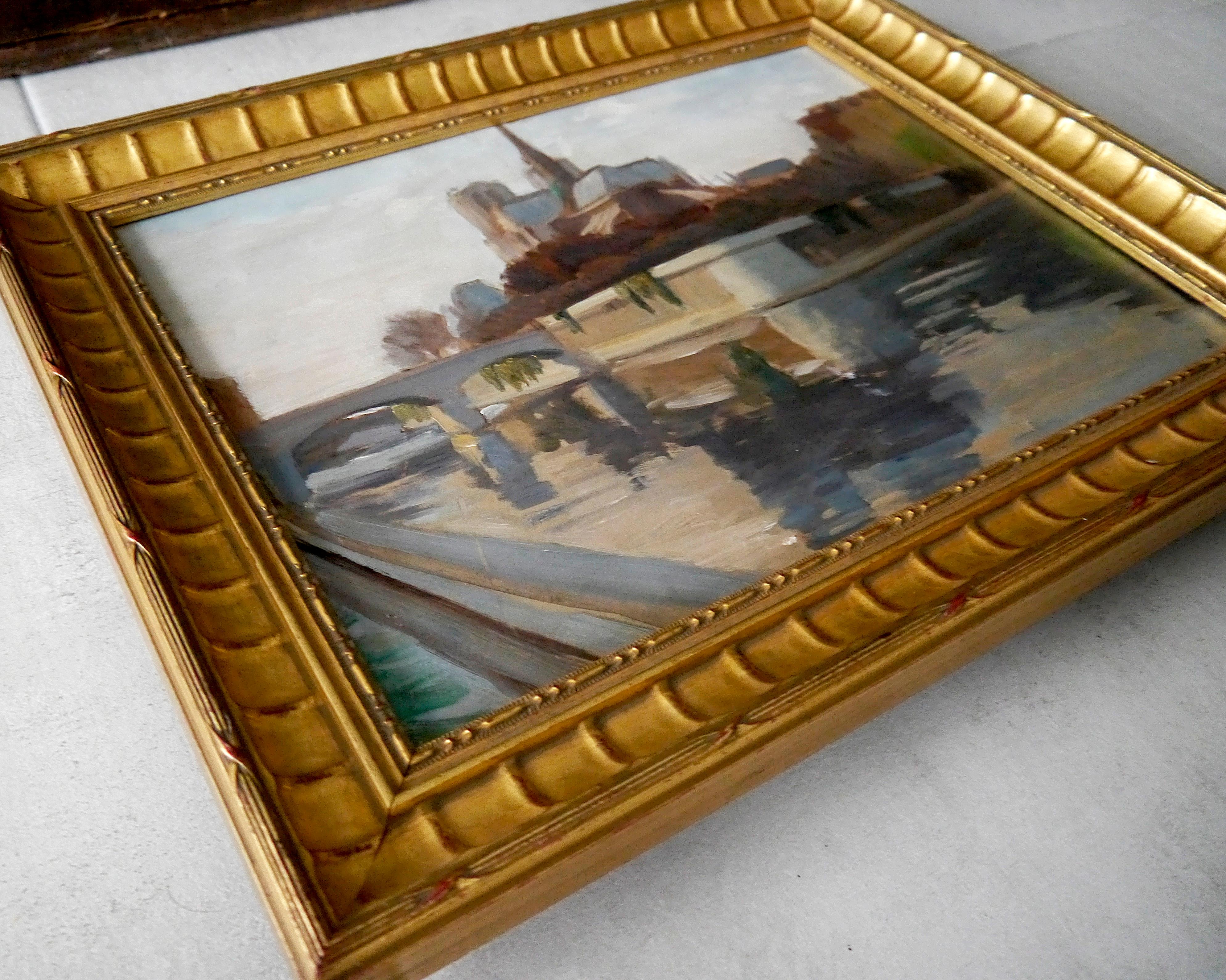 French school Landscape Notre Dame Cathedral in Paris painting Signed 3
