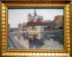 French school Landscape Notre Dame Cathedral in Paris painting Signed