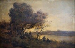 École française Paysage scène de rivière Signé