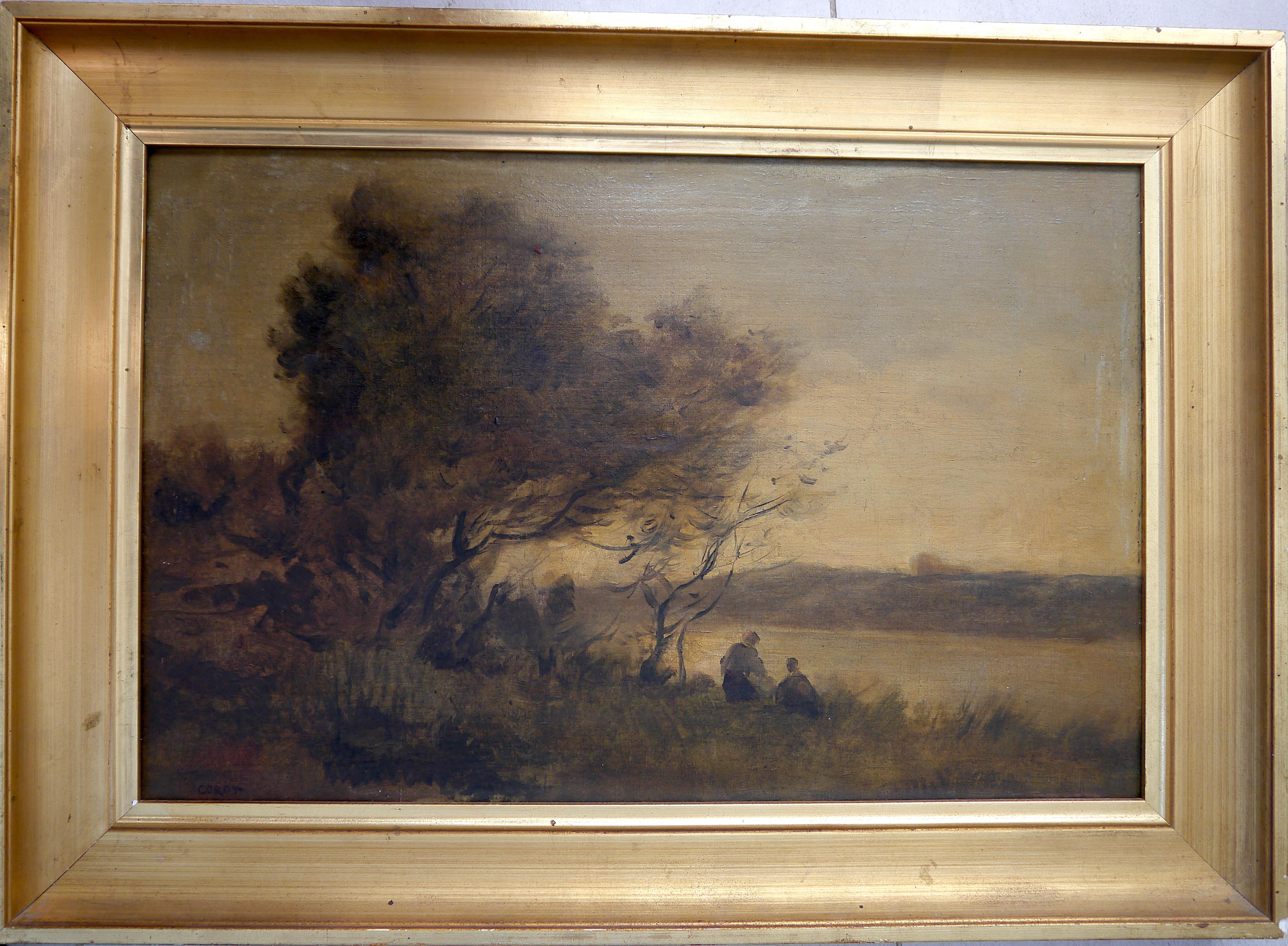 French school Landscape river scene Signed - Tonalist Painting by French School Masters