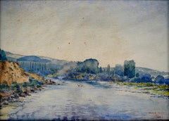 French school Landscape riverside (Moselle) with frame
