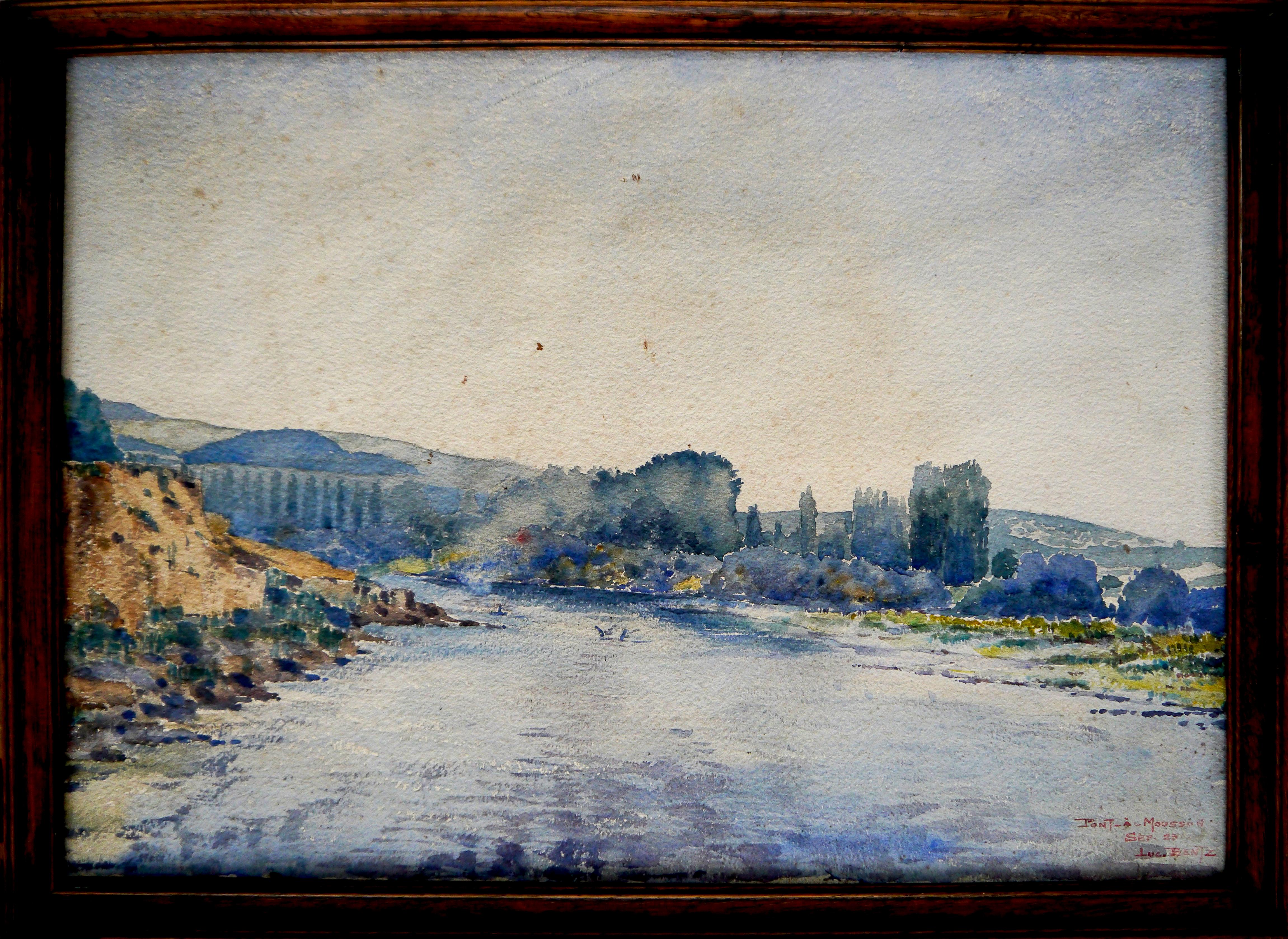 Landscape Painting di French School Masters - Scuola francese Paesaggio lungo il fiume (Mosella) con cornice