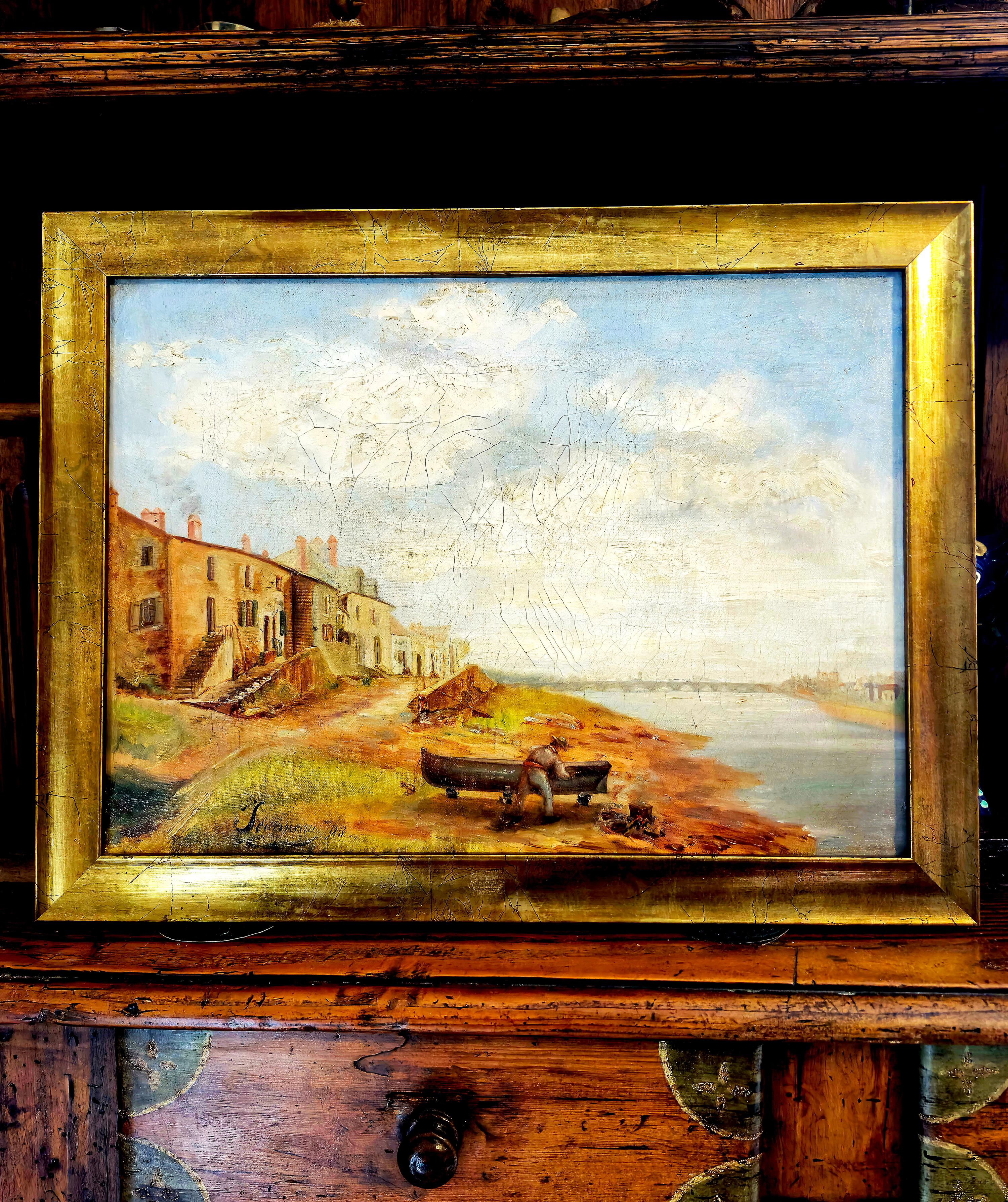 Französische Schule Landschaft am Flussufer Signiert im Angebot 5