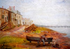 French school Landscape riverside Signed