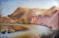 French school Landscape riverside Signed oil on canvas with frame