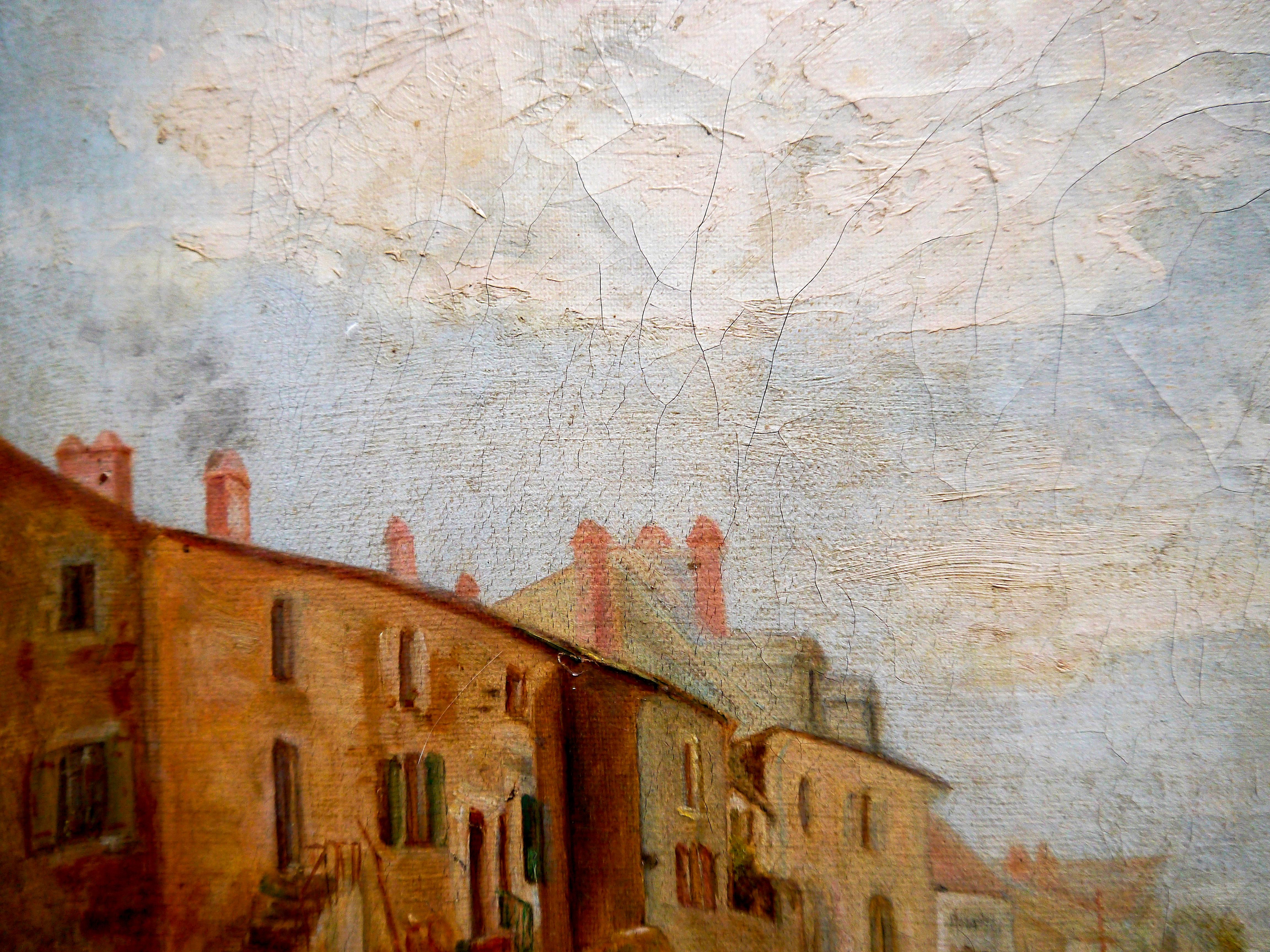 Französische Schule Landschaft am Flussufer Signiert (Beige), Landscape Painting, von French School Masters