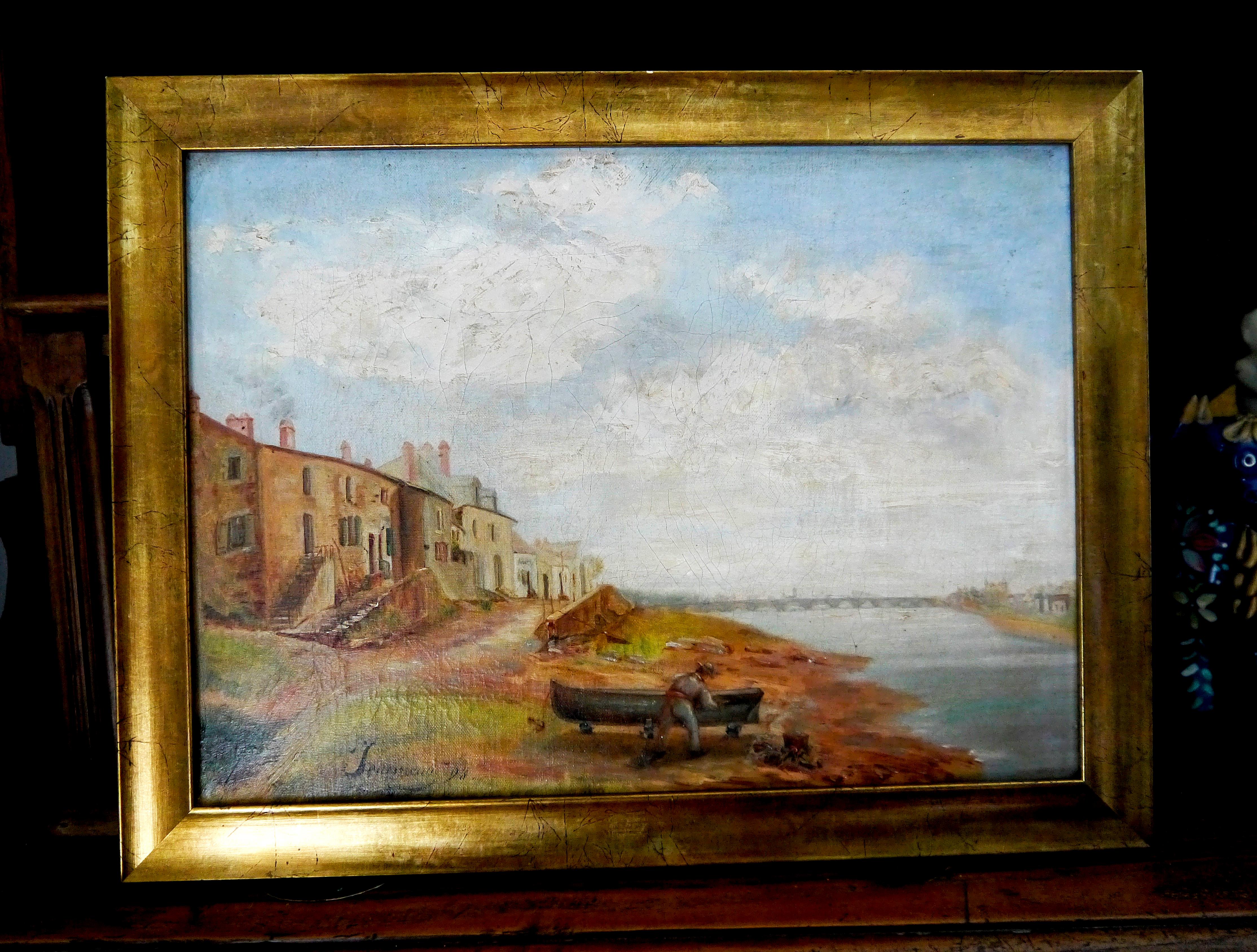 Französische Schule Landschaft am Flussufer Signiert im Angebot 4