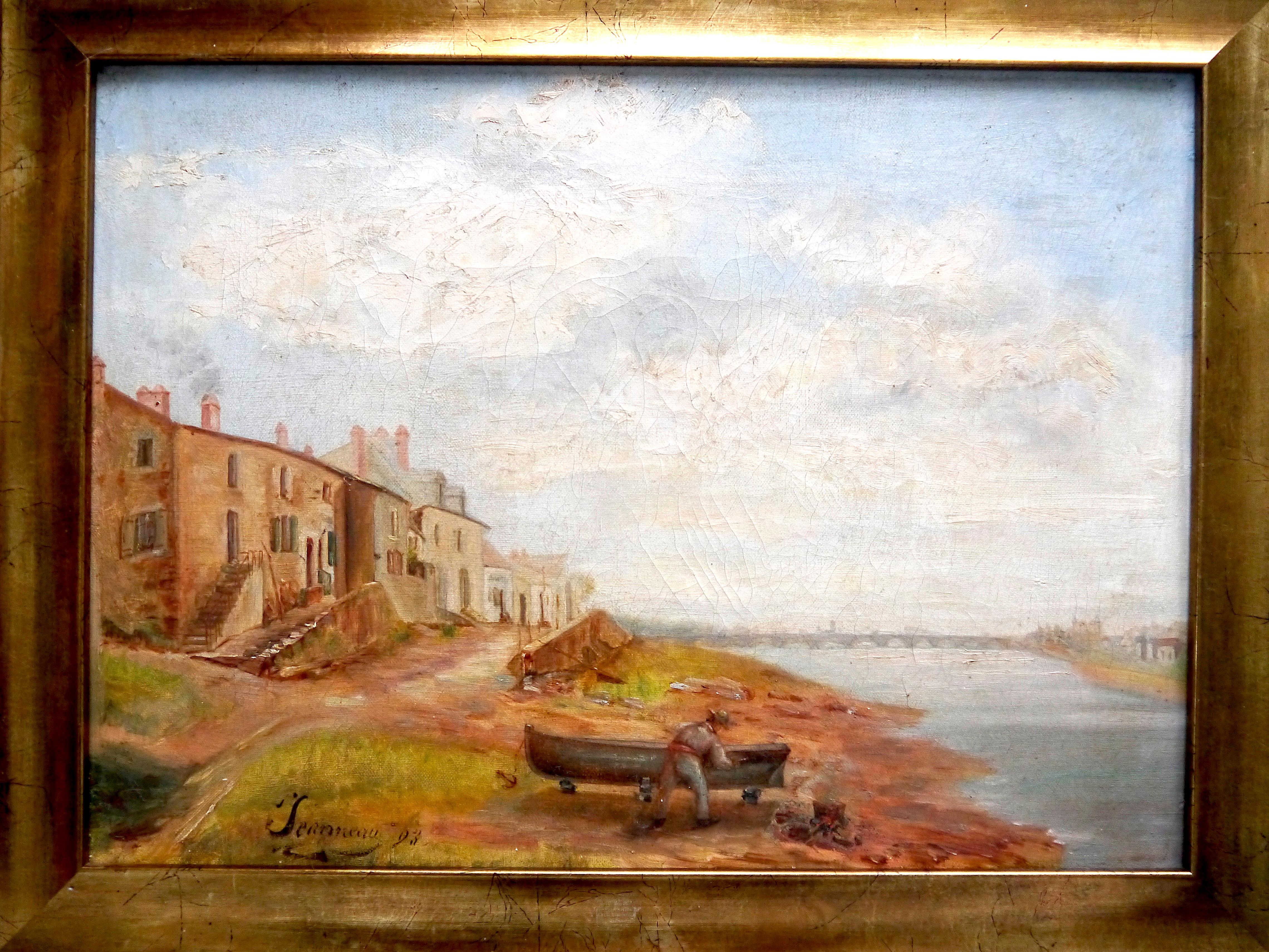 French school Landscape riverside Signed