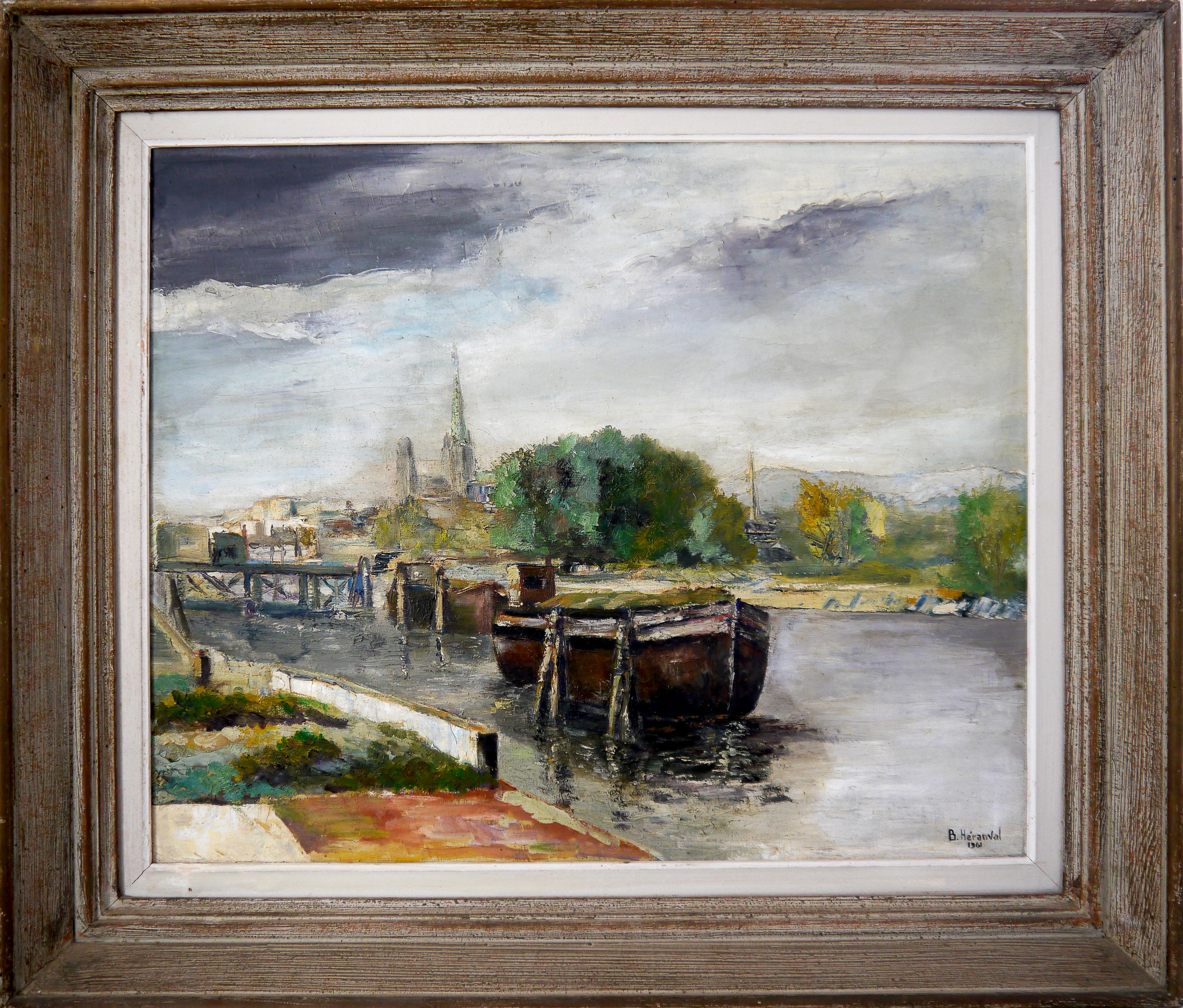 French School Masters Landscape Painting - French school Landscape Rouen on the banks of the Seine Signed oil painting 1961
