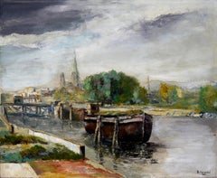 French school Landscape Rouen on the banks of the Seine Signed oil painting