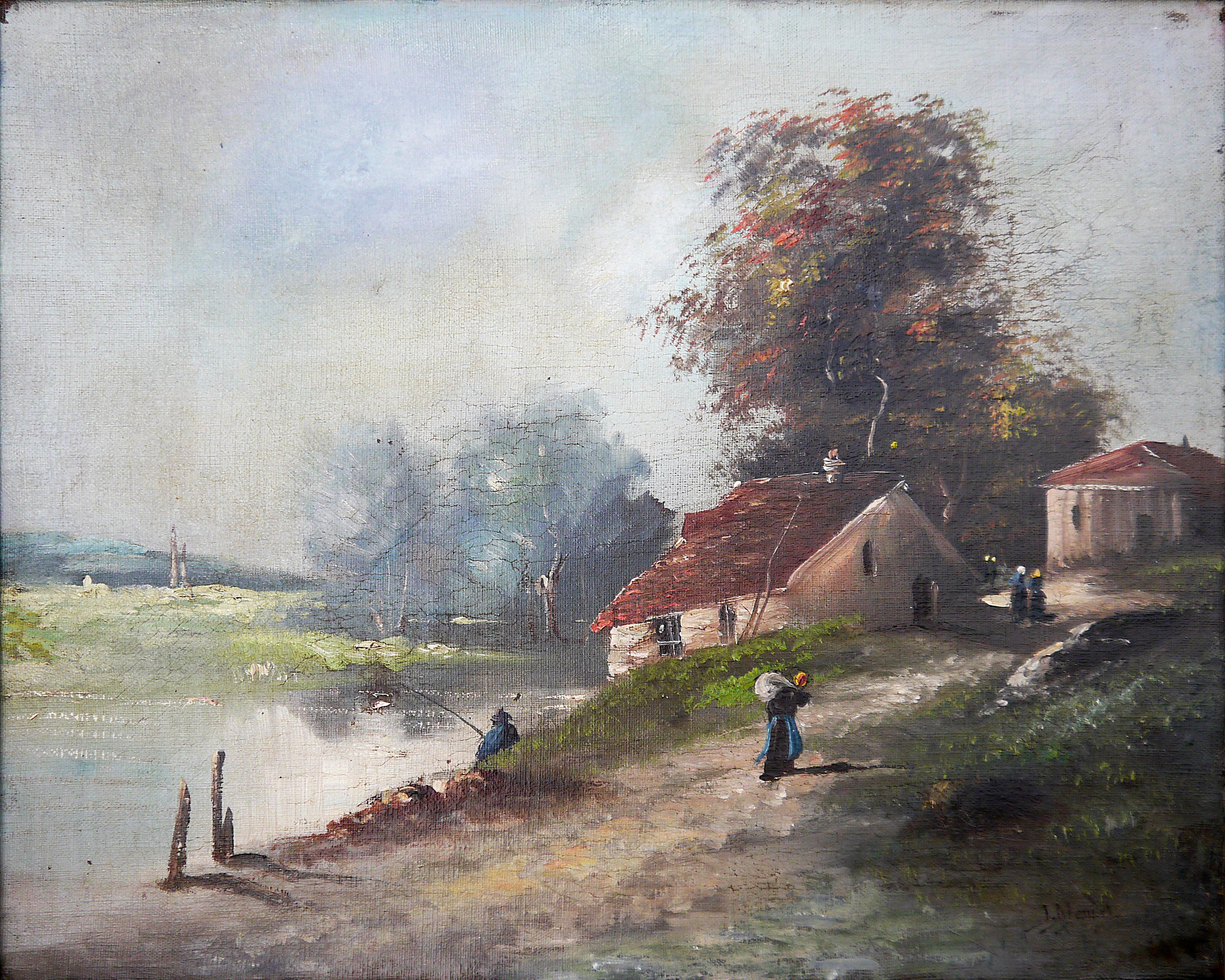 French school Landscape rural Oil painting Signed - Painting by French School Masters