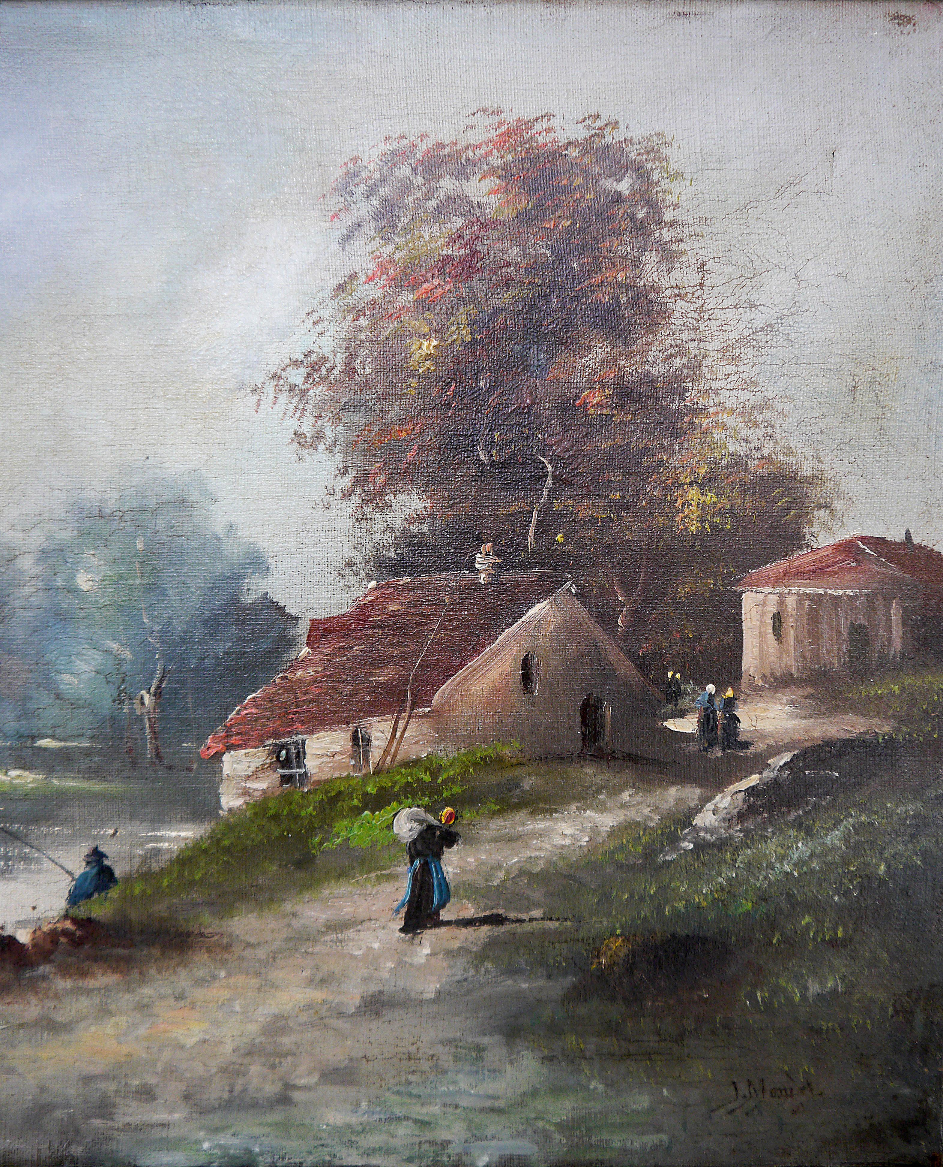 French school Landscape rural Oil painting Signed - Impressionist Painting by French School Masters
