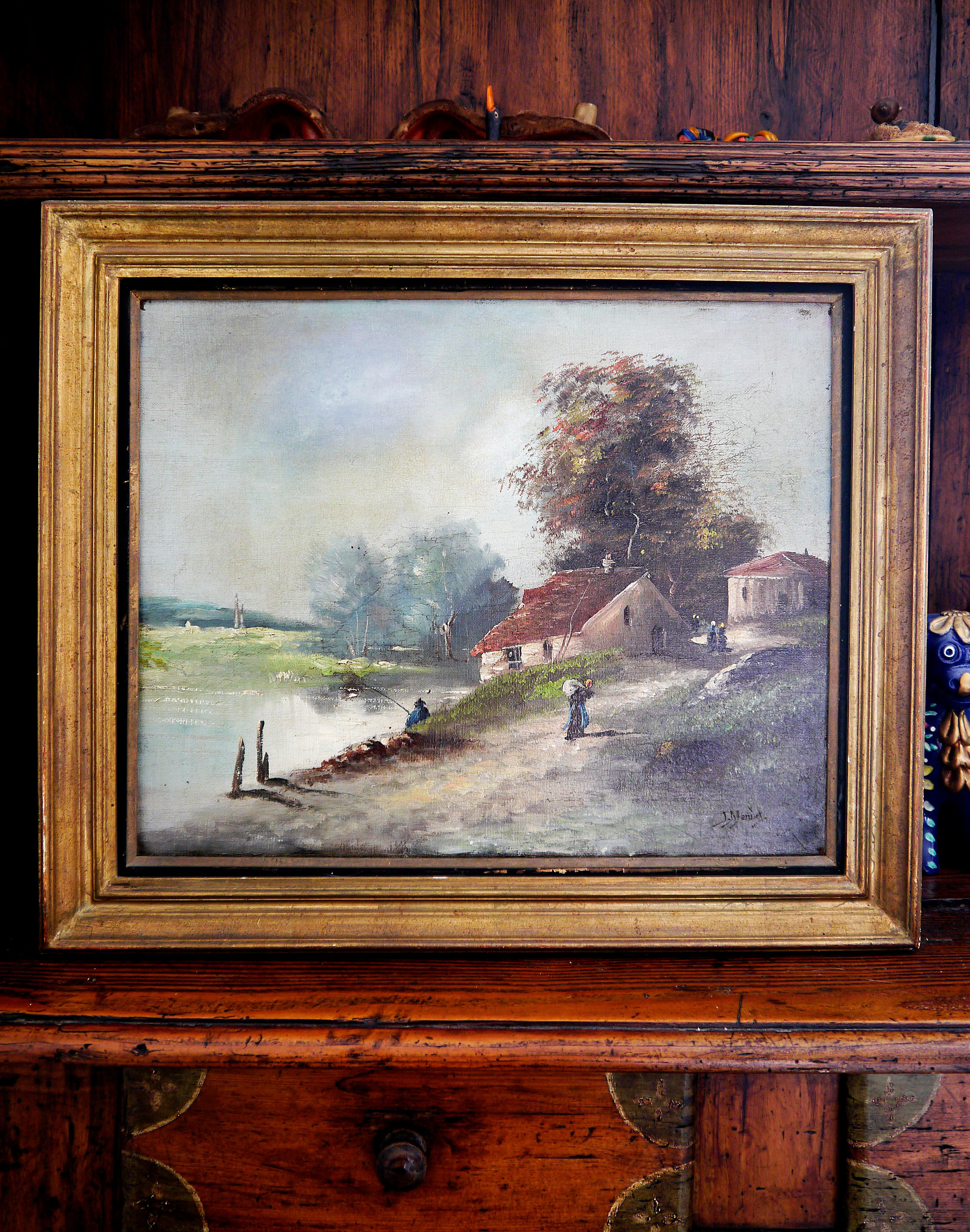 French school Landscape rural Oil painting Signed 3