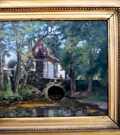 French school Landscape Stone Bridge oil painting Signed