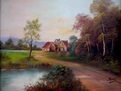 French school Landscape The pond Seine Signed oil painting Barbizon
