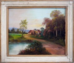French school Landscape The pond Seine Signed oil painting Barbizon