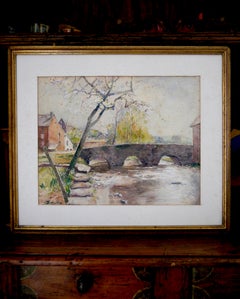 French school landscape the stone arch bridge Signed 1922