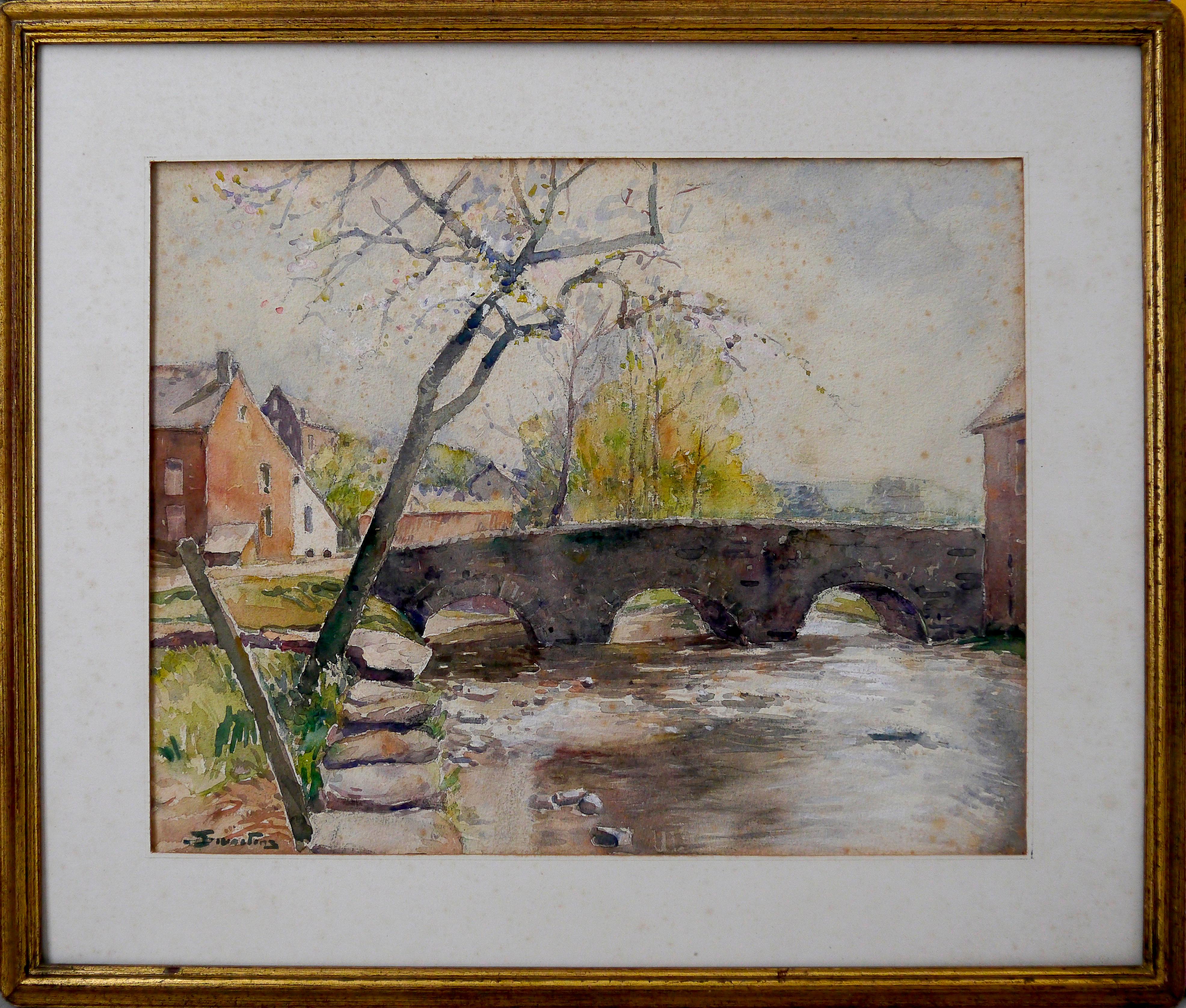 French school landscape the stone arch bridge Signed 1922