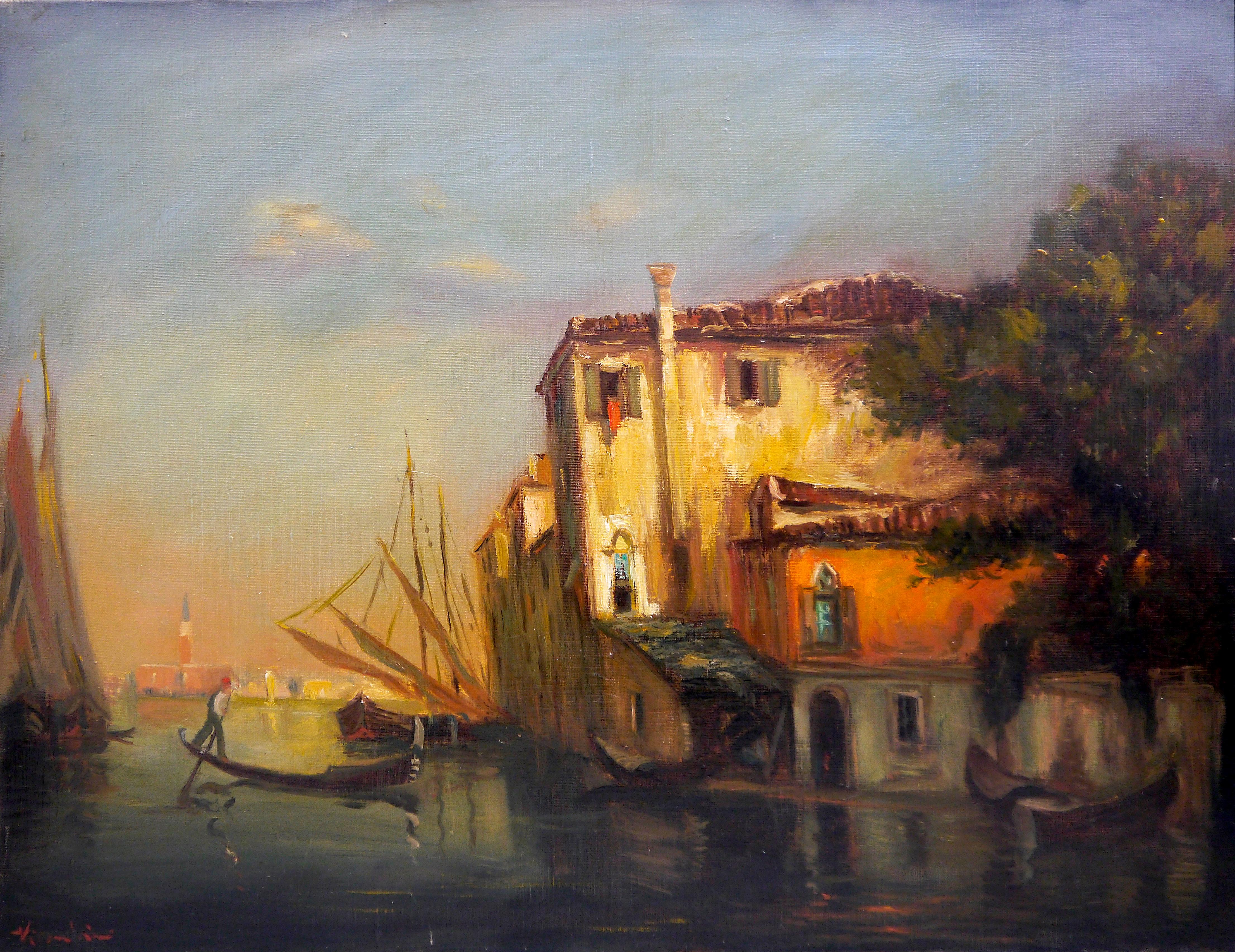 Landscape Painting French School Masters - French school Landscape Venice Scene on a Canal Signed