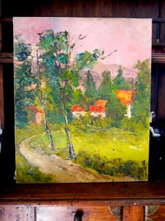 Französisch Schule Landschaft Dorf Häuser mit Orange Dach unterzeichnet