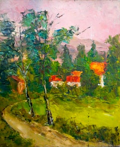 Französisch Schule Landschaft Dorf Häuser mit Orange Dach unterzeichnet
