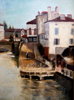 French school Landscape village riverside Signed oil painting