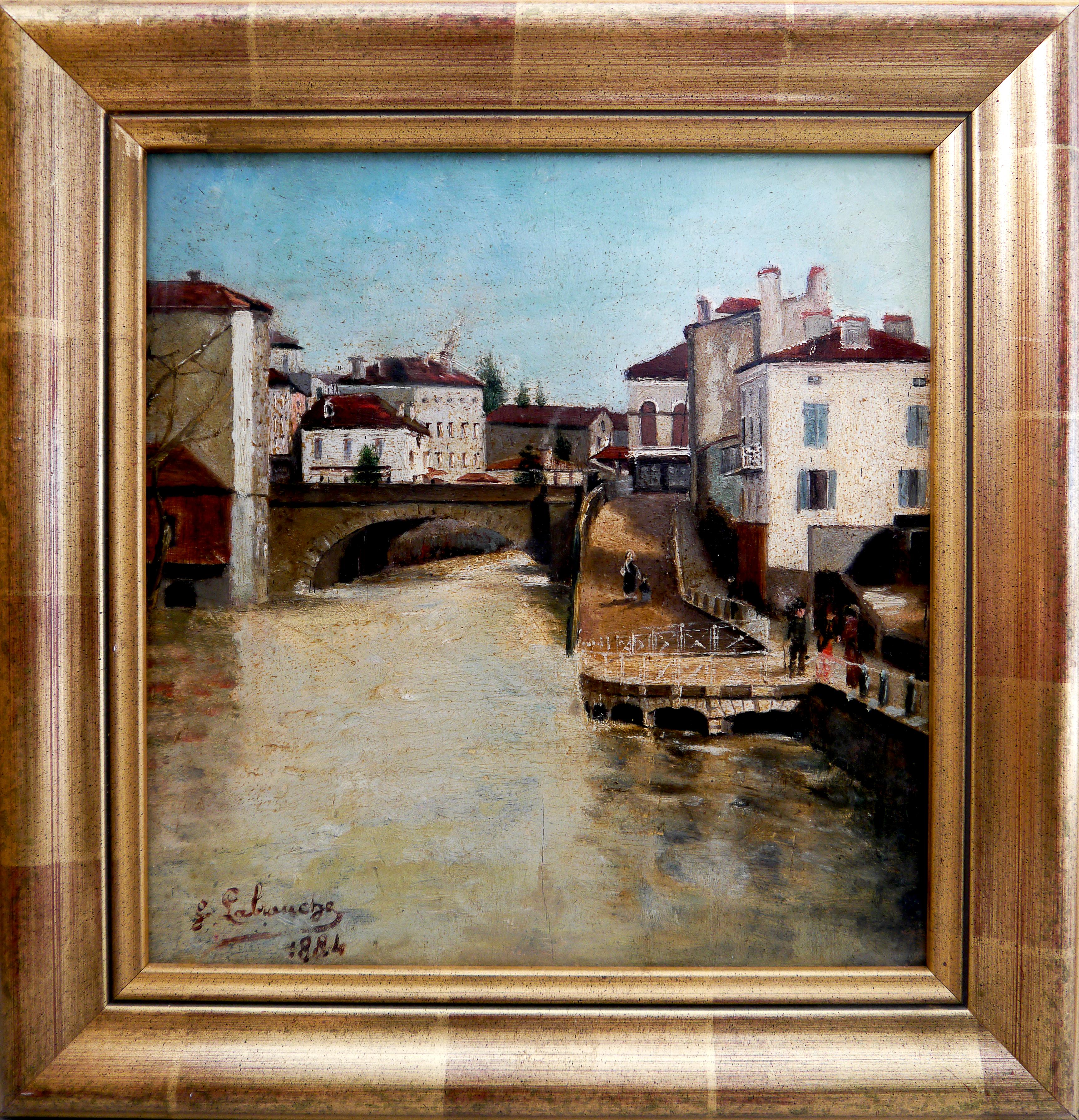 Landscape Painting de French School Masters - French school Landscape village riverside Signed oil painting