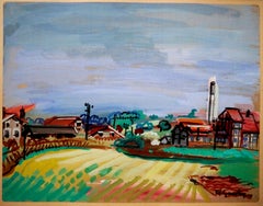 French school  landscape village Signed
