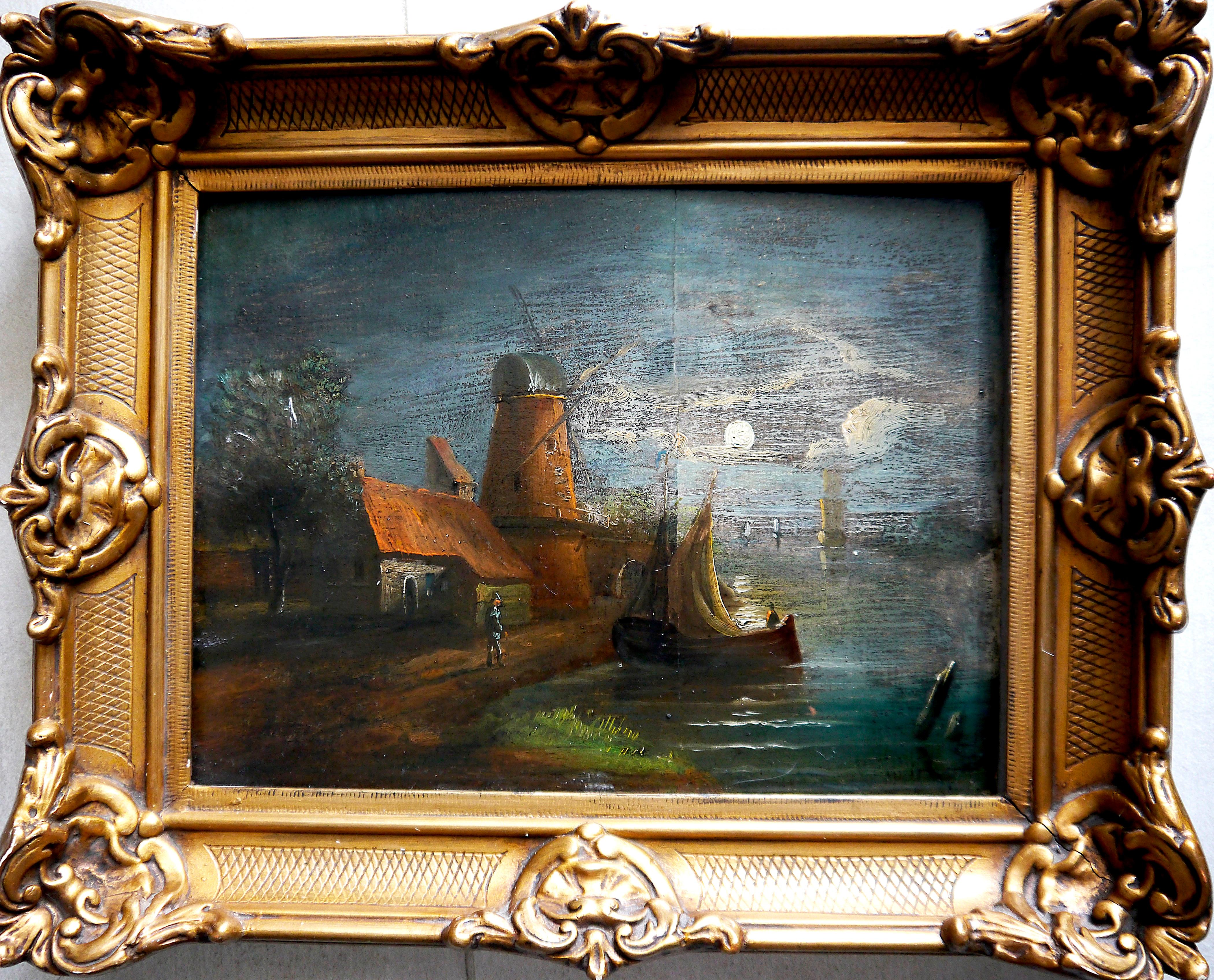 Pintura de la escuela francesa Paisaje molino de viento y luna - Painting de French School Masters