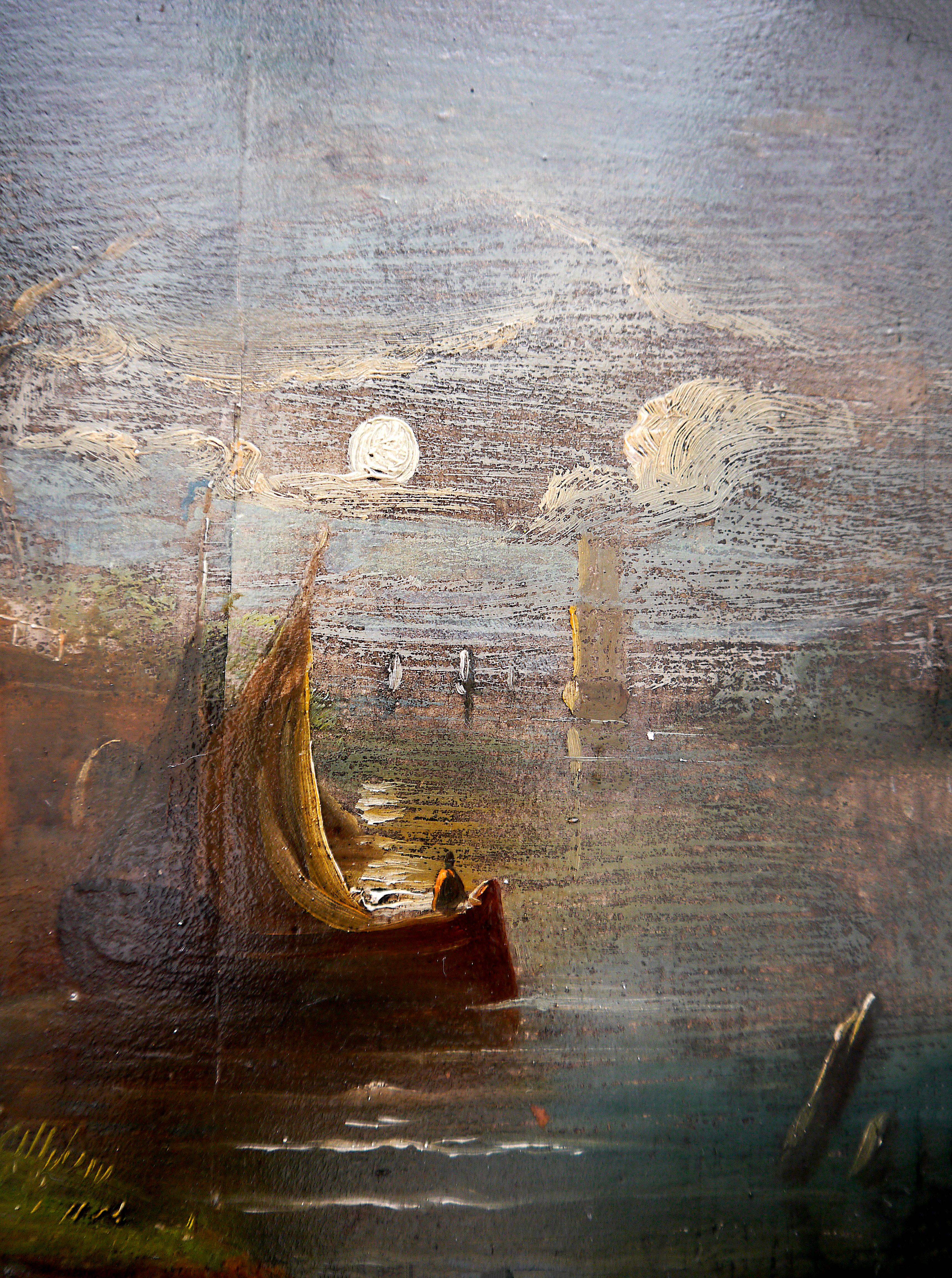 Pintura de la escuela francesa Paisaje molino de viento y luna - Painting Tonalista de French School Masters