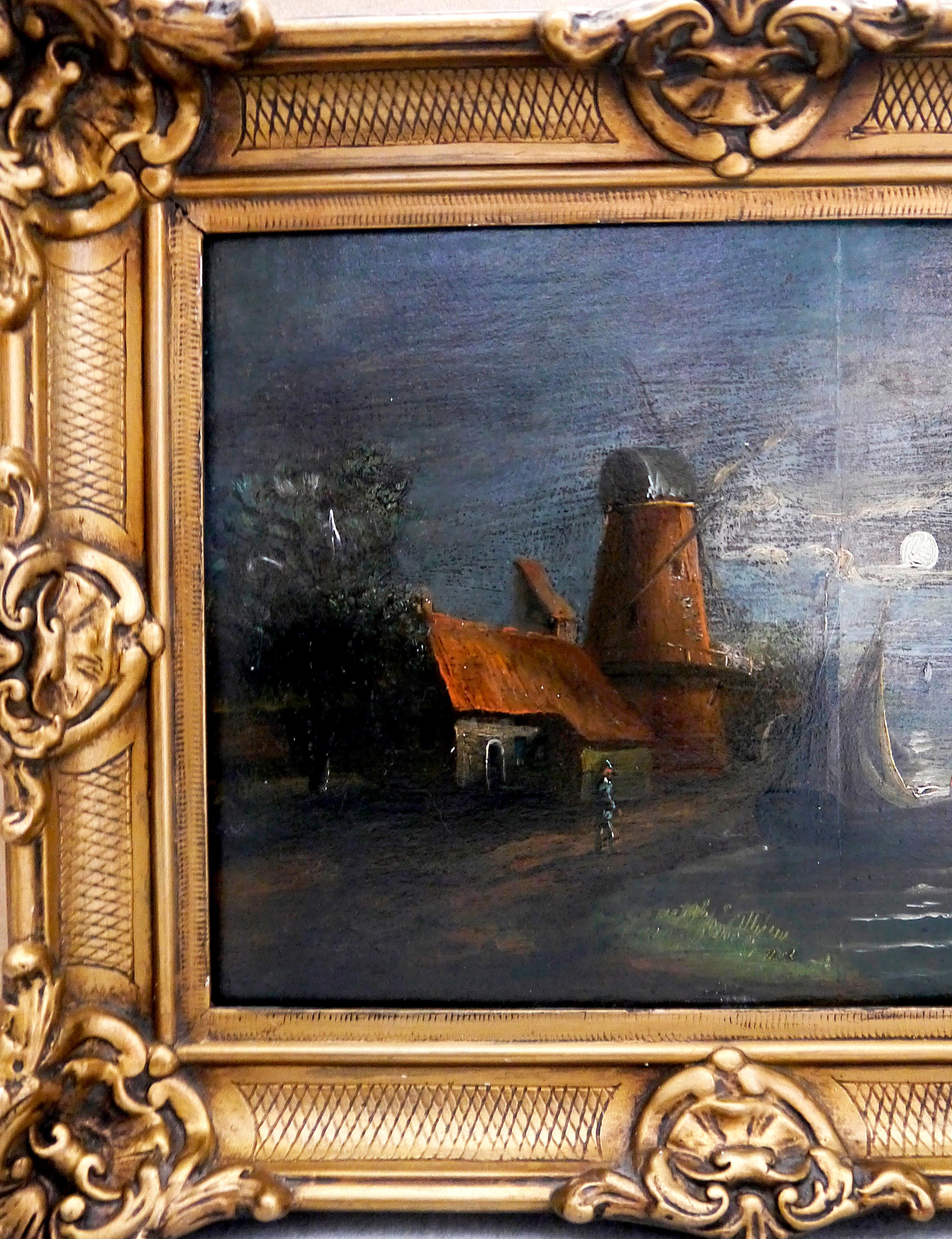 Pintura de la escuela francesa Paisaje molino de viento y luna - Landscape Painting Negro de French School Masters