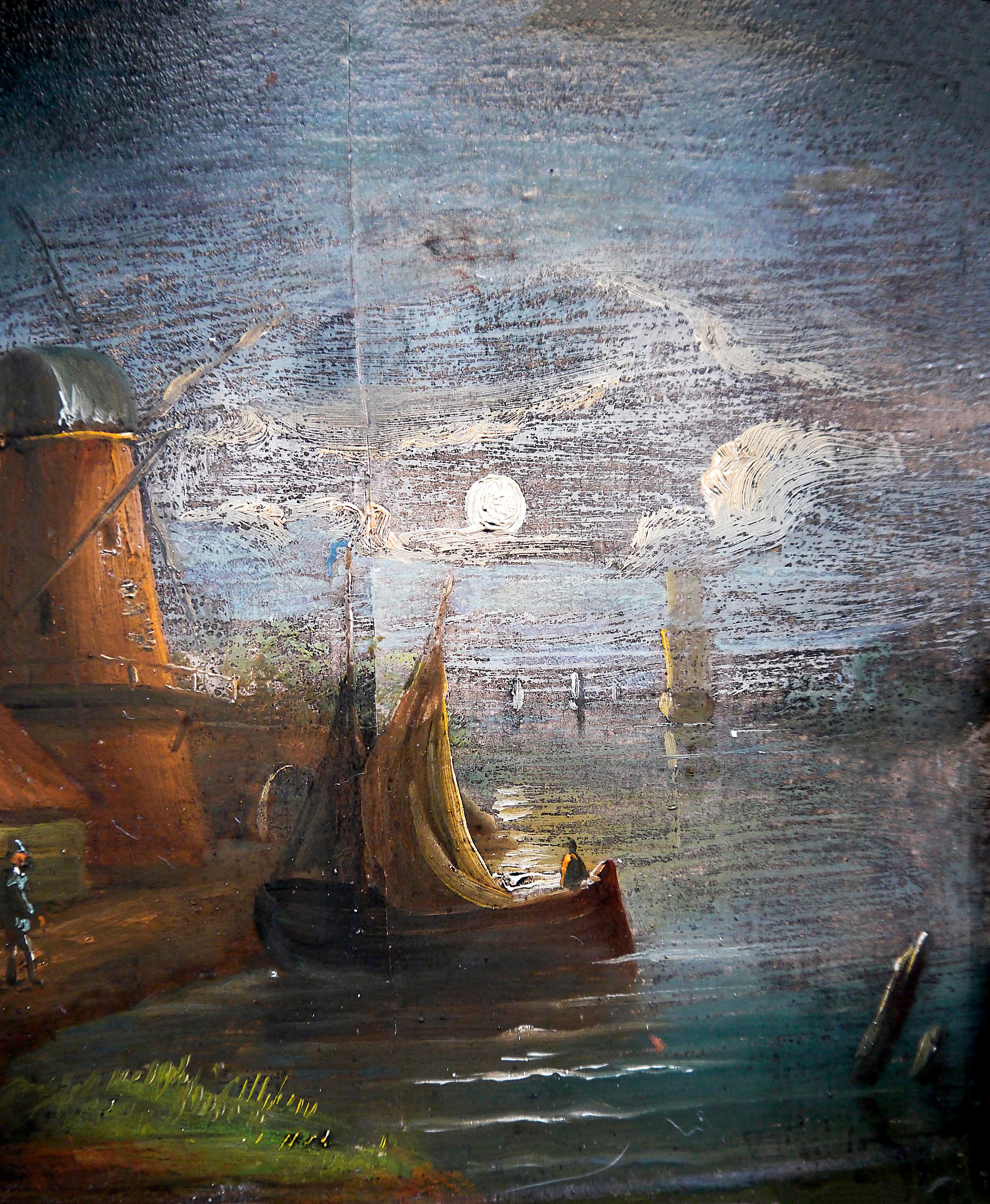 Pintura de la escuela francesa Paisaje molino de viento y luna 1
