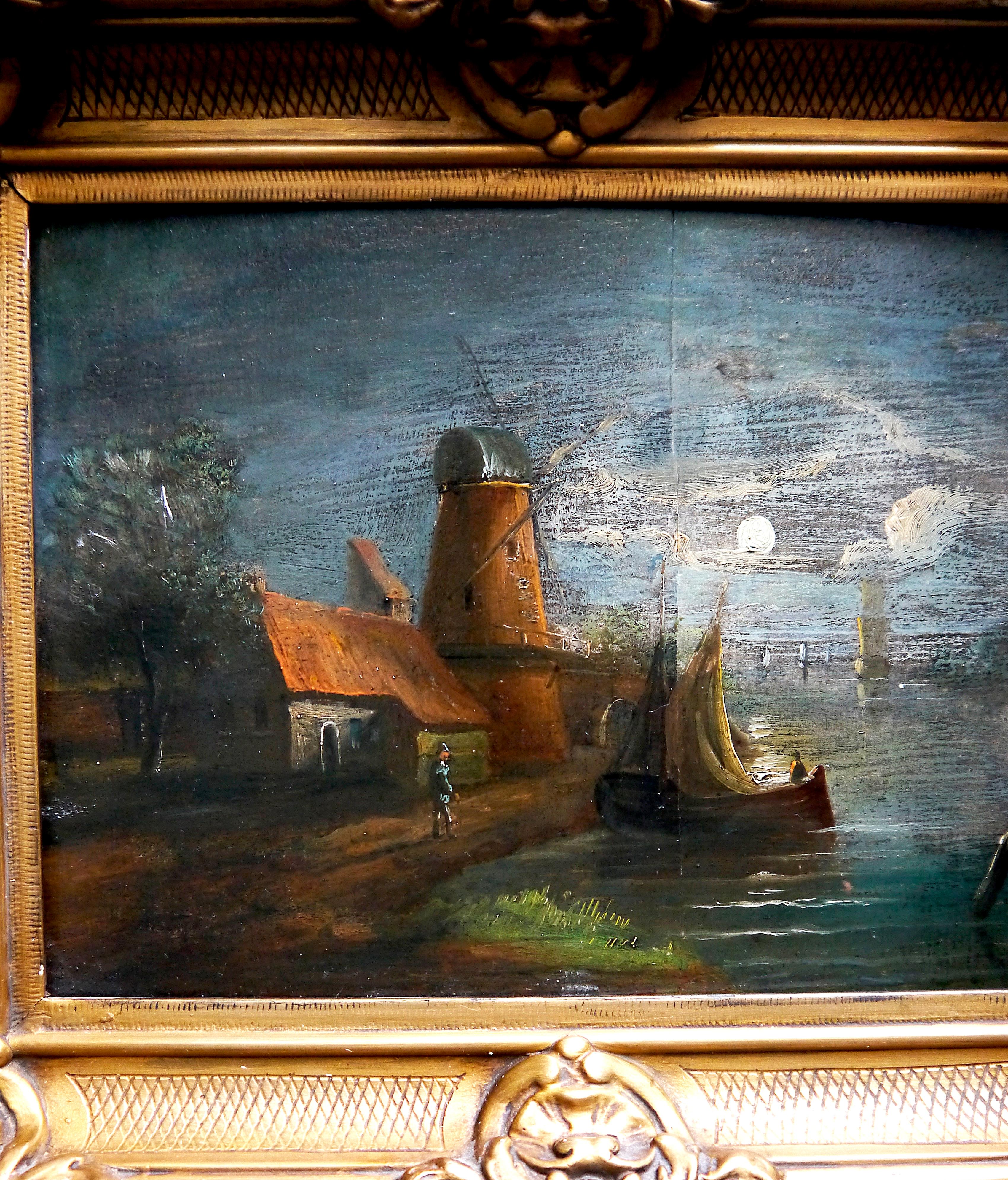 Pintura de la escuela francesa Paisaje molino de viento y luna 2