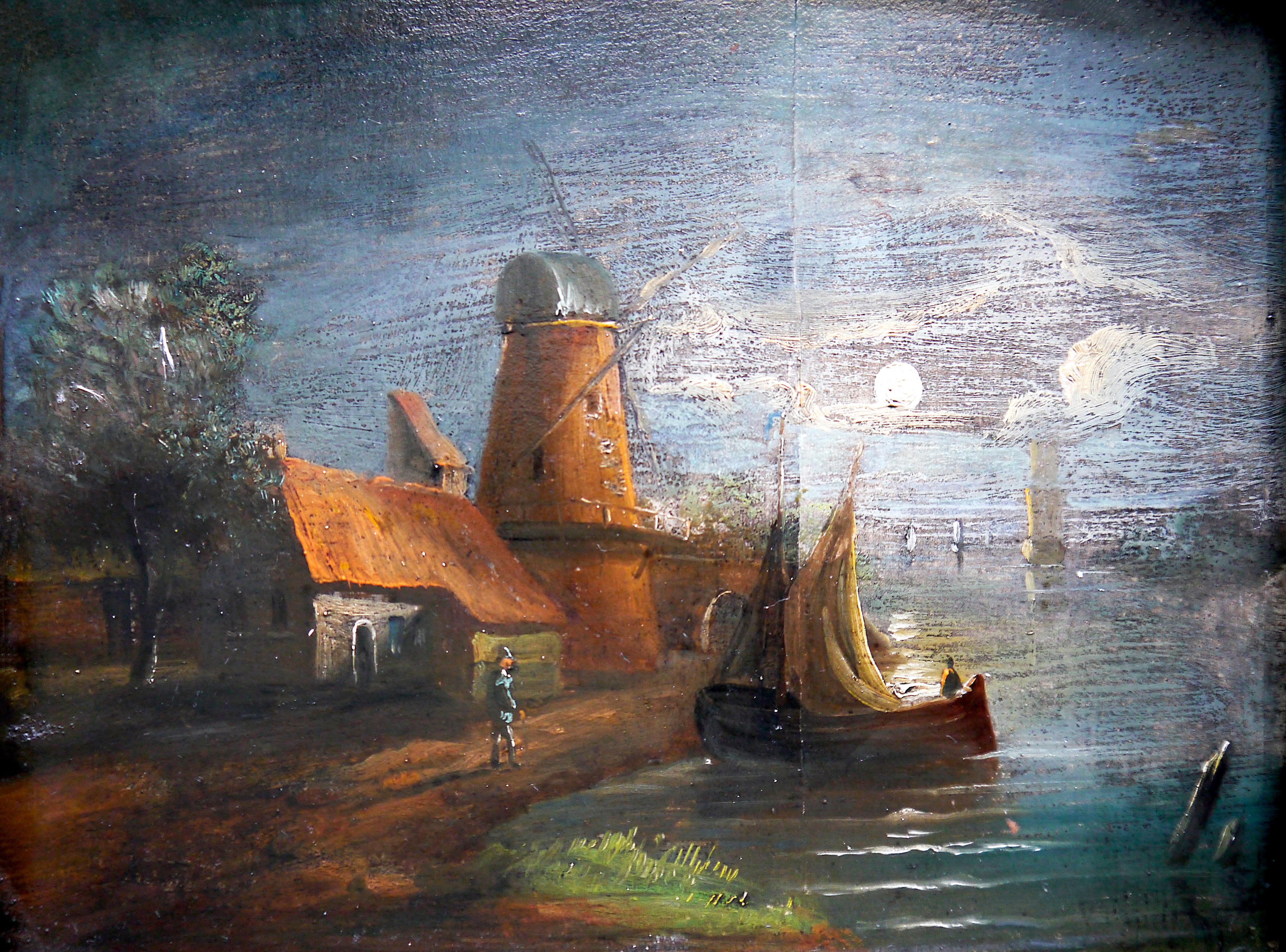 Pintura de la escuela francesa Paisaje molino de viento y luna 3